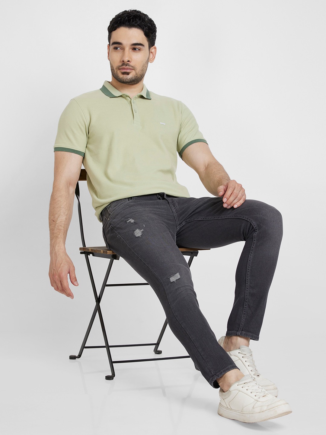 Spykar Men Dusty Pista Green Cotton Slim Fit Plain Polo Tshirt