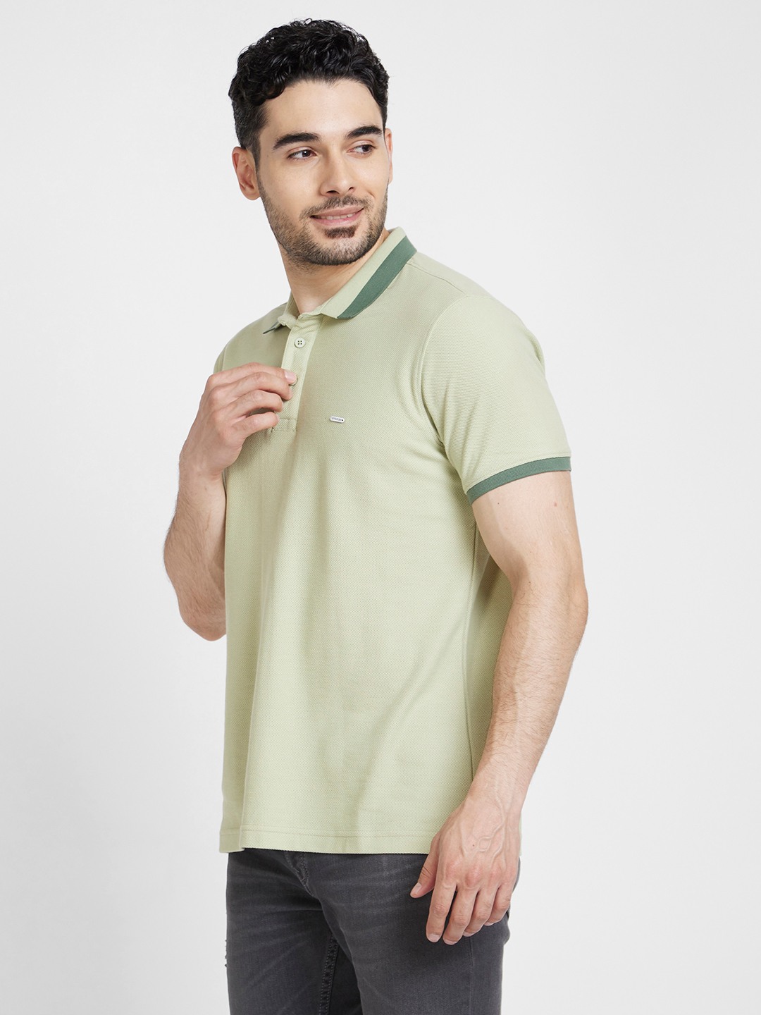 Spykar Men Dusty Pista Green Cotton Slim Fit Plain Polo Tshirt