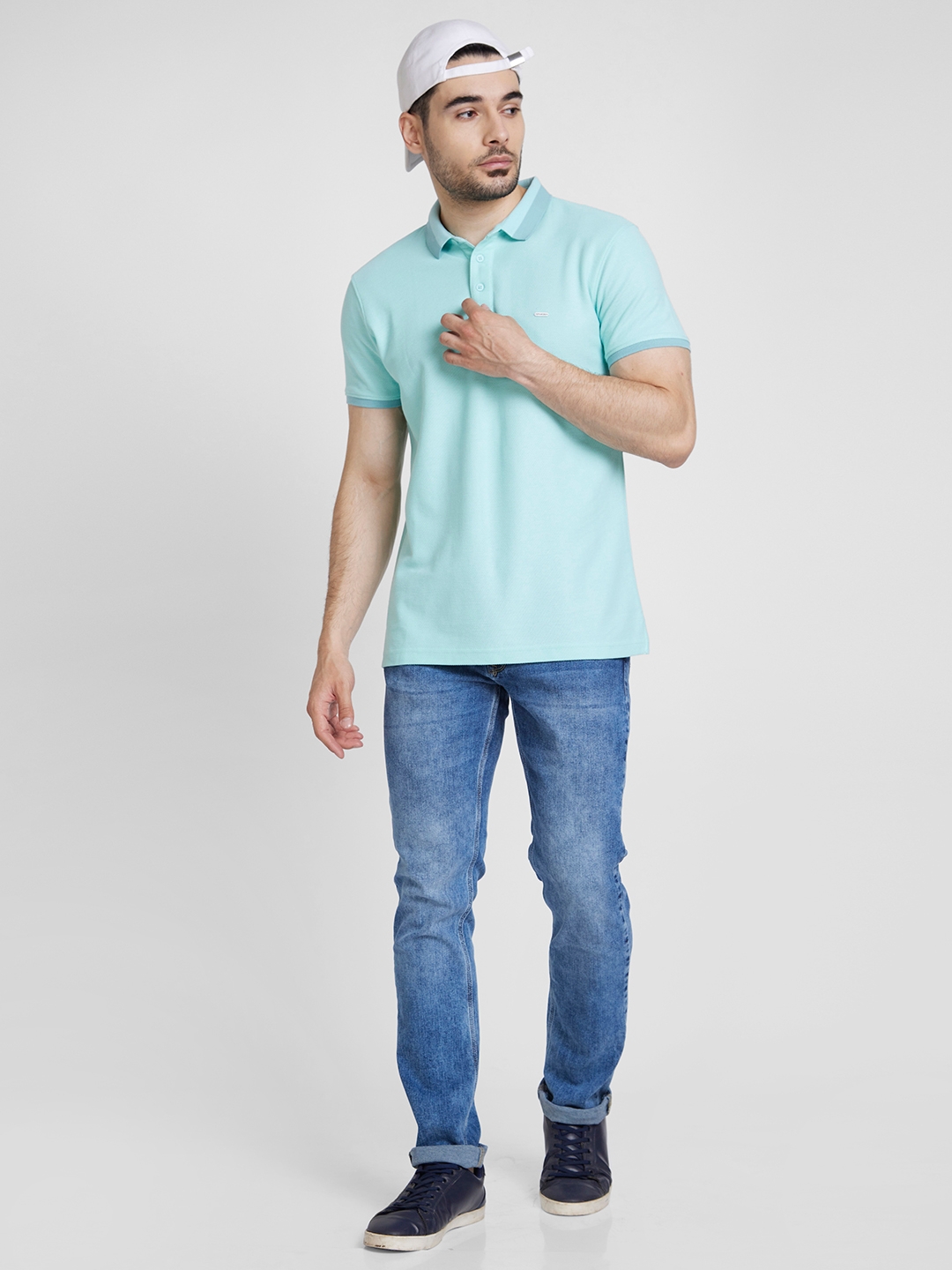 Spykar | Spykar Men Bleached Aqua Cotton Slim Fit Plain Polo Tshirt 5