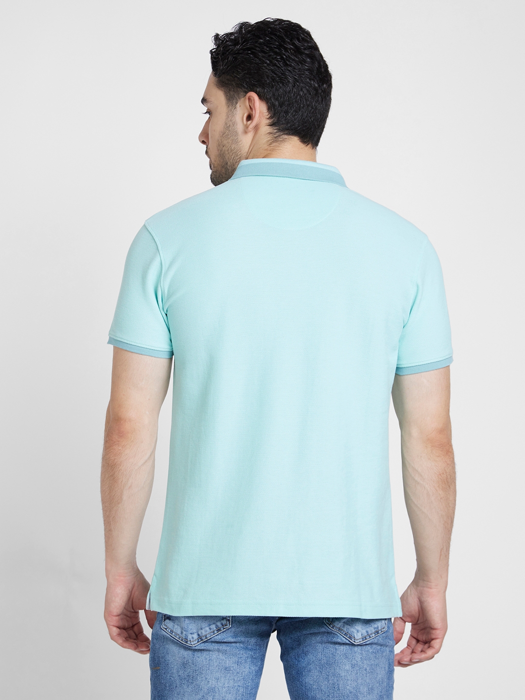 Spykar | Spykar Men Bleached Aqua Cotton Slim Fit Plain Polo Tshirt 2
