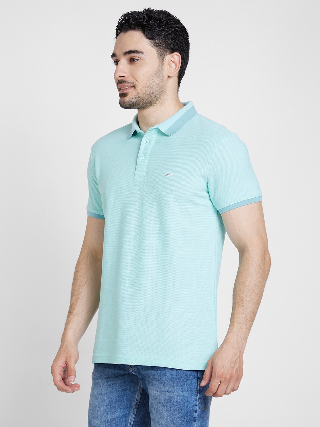 Spykar | Spykar Men Bleached Aqua Cotton Slim Fit Plain Polo Tshirt 3