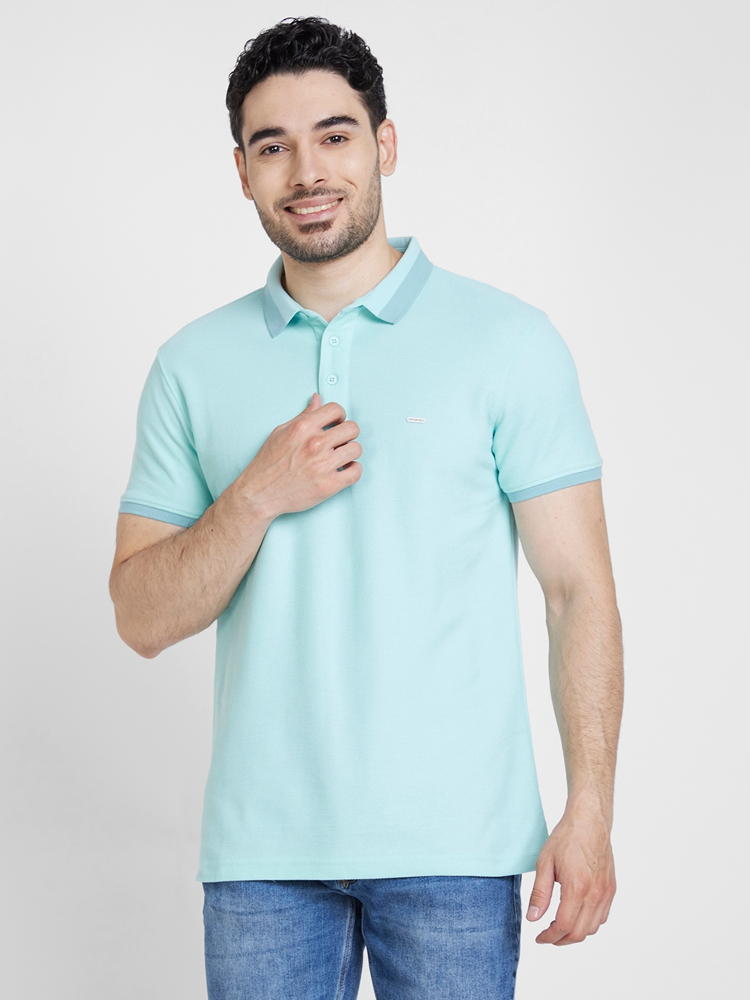Spykar | Spykar Men Bleached Aqua Cotton Slim Fit Plain Polo Tshirt 0
