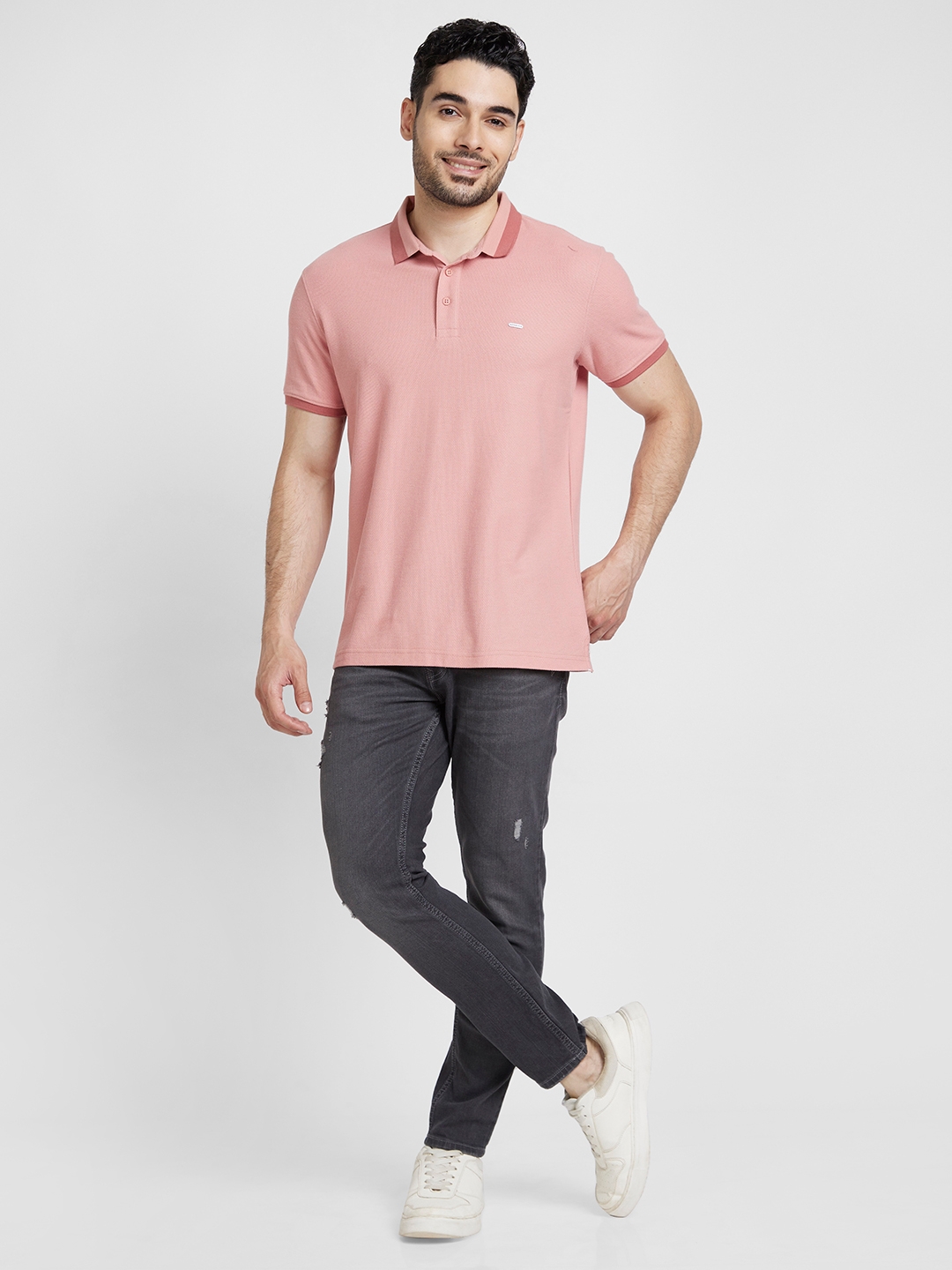 spykar | Spykar Men Dusty Pink Cotton Slim Fit Plain Polo Tshirt 1