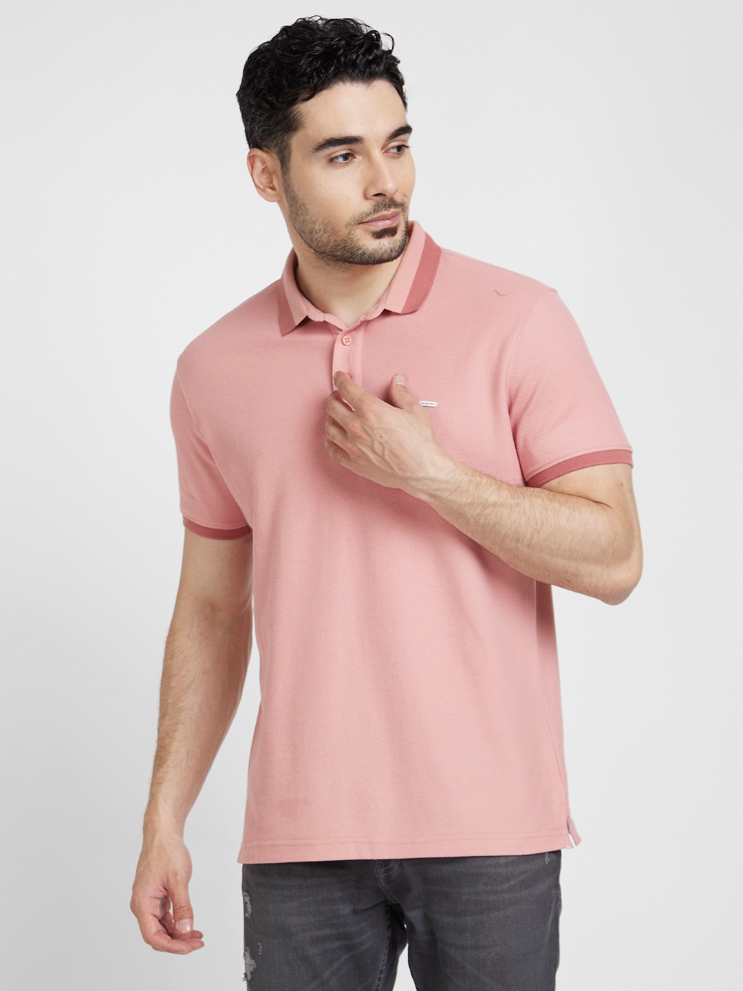 spykar | Spykar Men Dusty Pink Cotton Slim Fit Plain Polo Tshirt 0