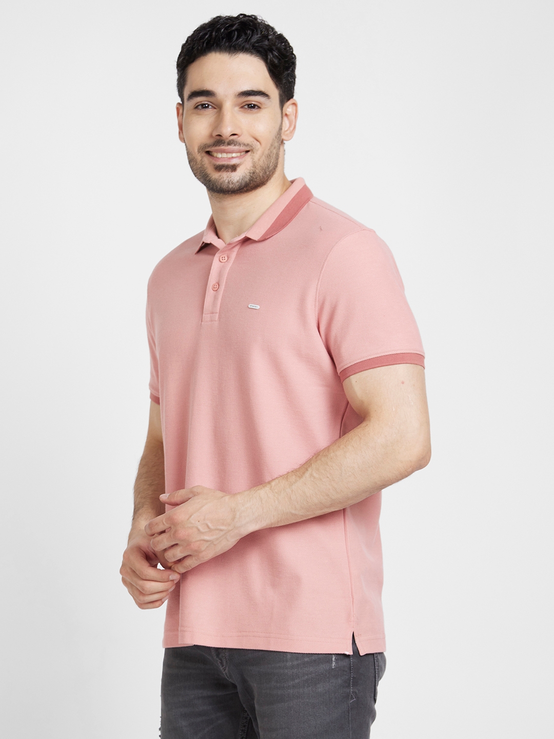 spykar | Spykar Men Dusty Pink Cotton Slim Fit Plain Polo Tshirt 3
