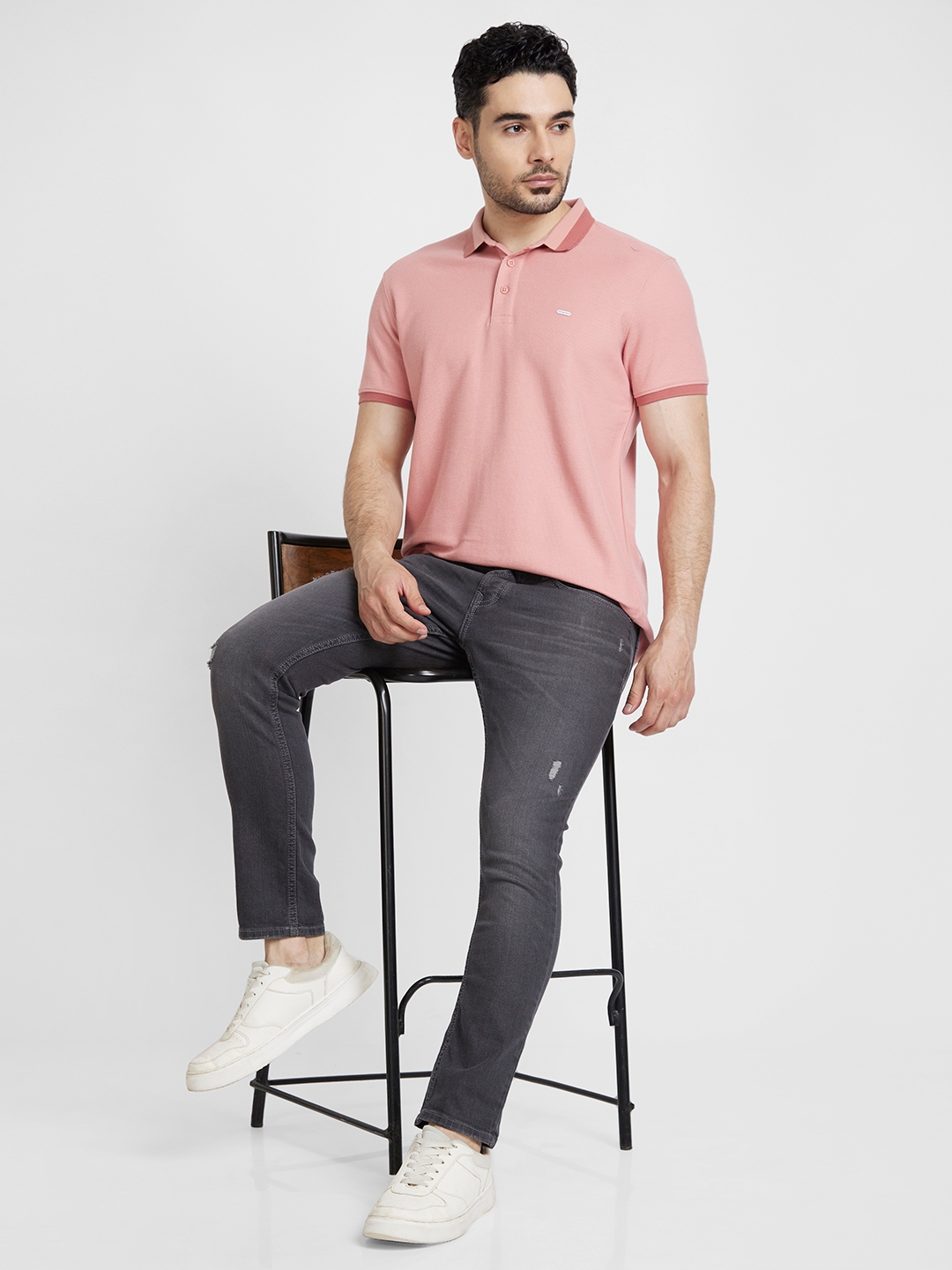 spykar | Spykar Men Dusty Pink Cotton Slim Fit Plain Polo Tshirt 5