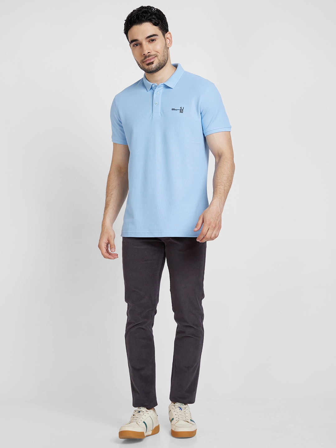 spykar | Spykar Men Powder Blue Cotton Slim Fit Plain Polo Tshirt 1