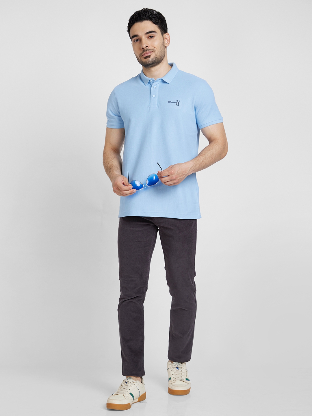spykar | Spykar Men Powder Blue Cotton Slim Fit Plain Polo Tshirt 5