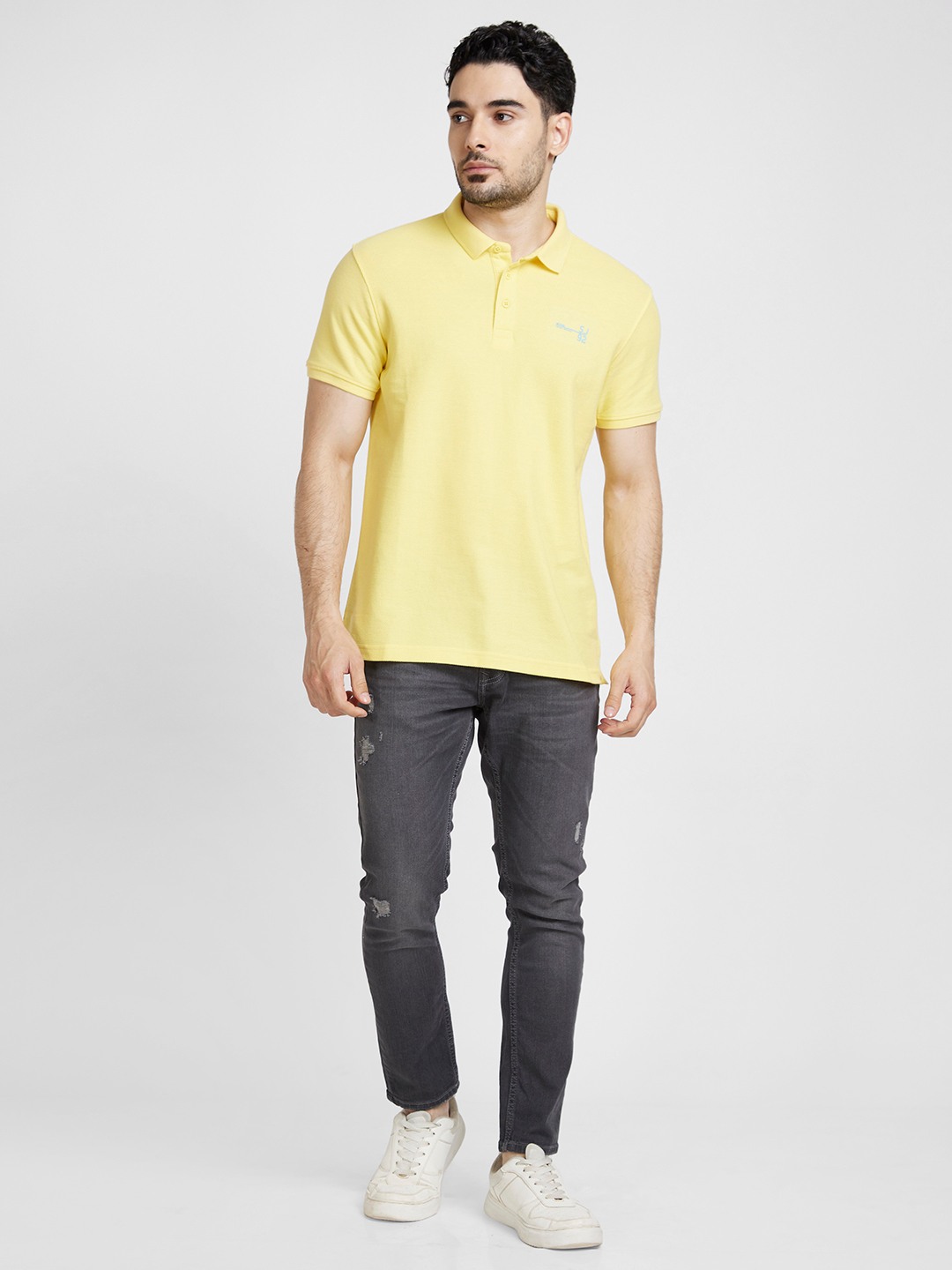Spykar | Spykar Men Yellow Cotton Slim Fit Plain Polo Tshirt 5