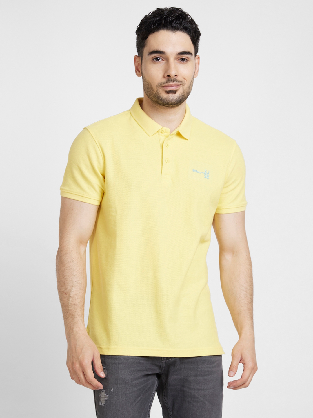 Spykar | Spykar Men Yellow Cotton Slim Fit Plain Polo Tshirt 0