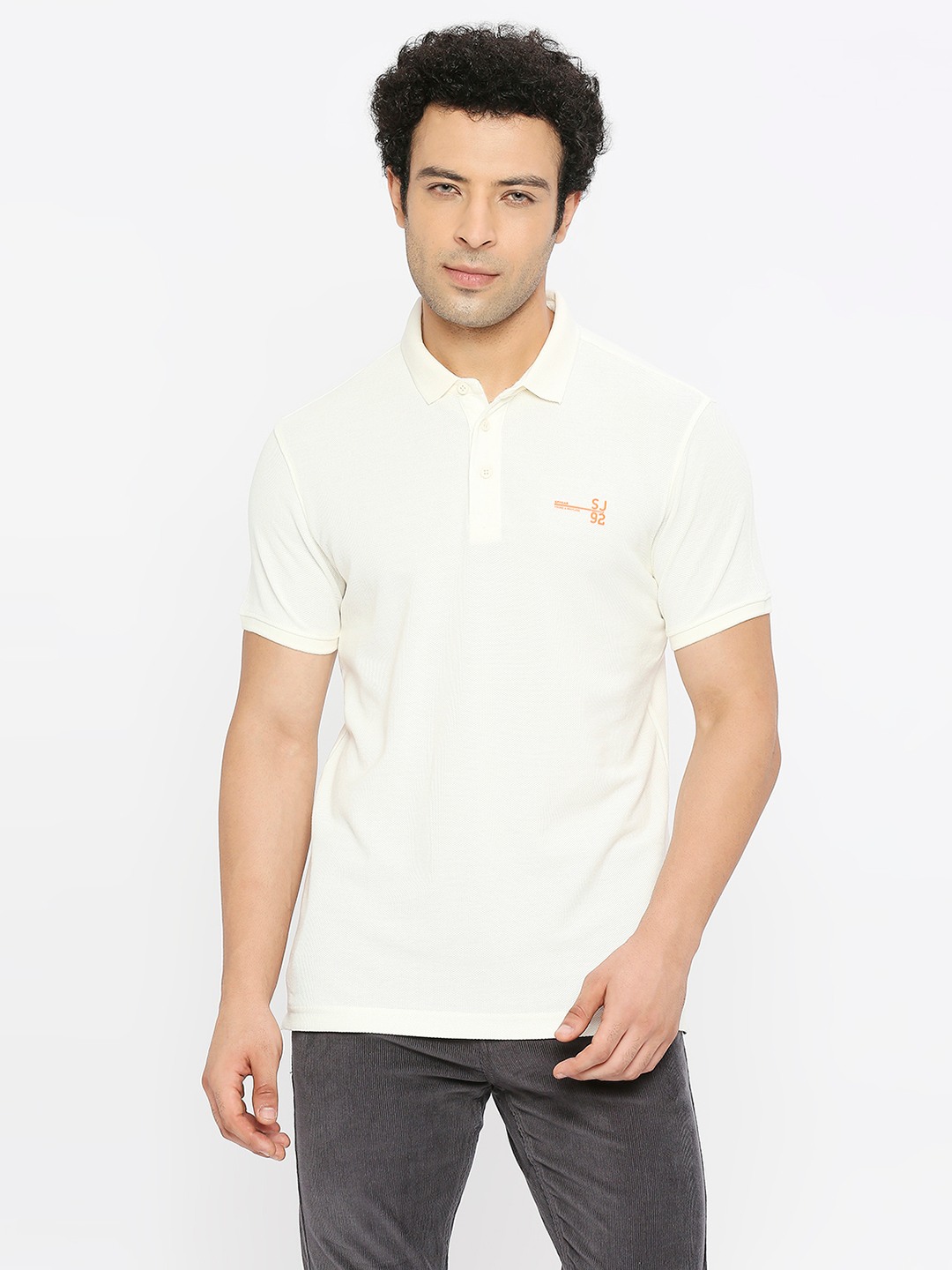 Spykar Men Ecru Cotton Regular Fit Half Sleeve Plain Polo Tshirt