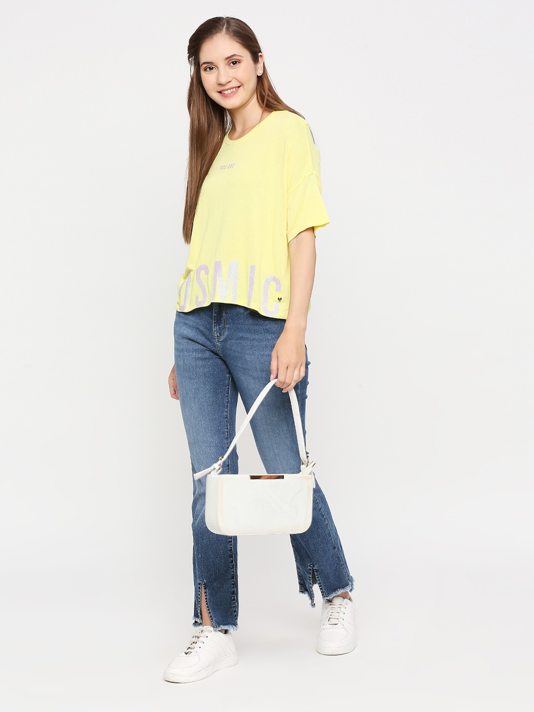 Spykar Women Lime Yellow Cotton Regular fit Round Neck Printed Tshirt