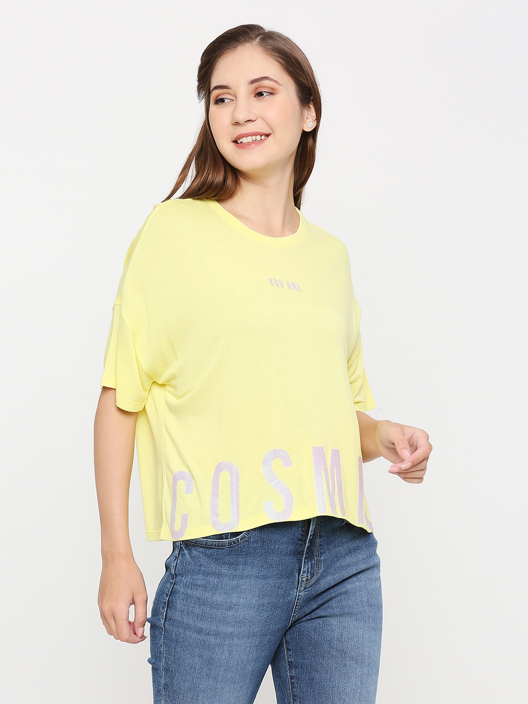 Spykar Women Lime Yellow Cotton Regular fit Round Neck Printed Tshirt