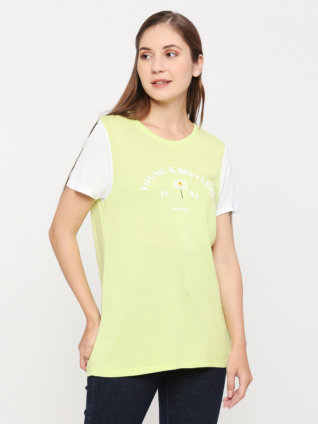 spykar | Spykar Women Pea Green Cotton Regular fit Round Neck Printed Tshirt 2
