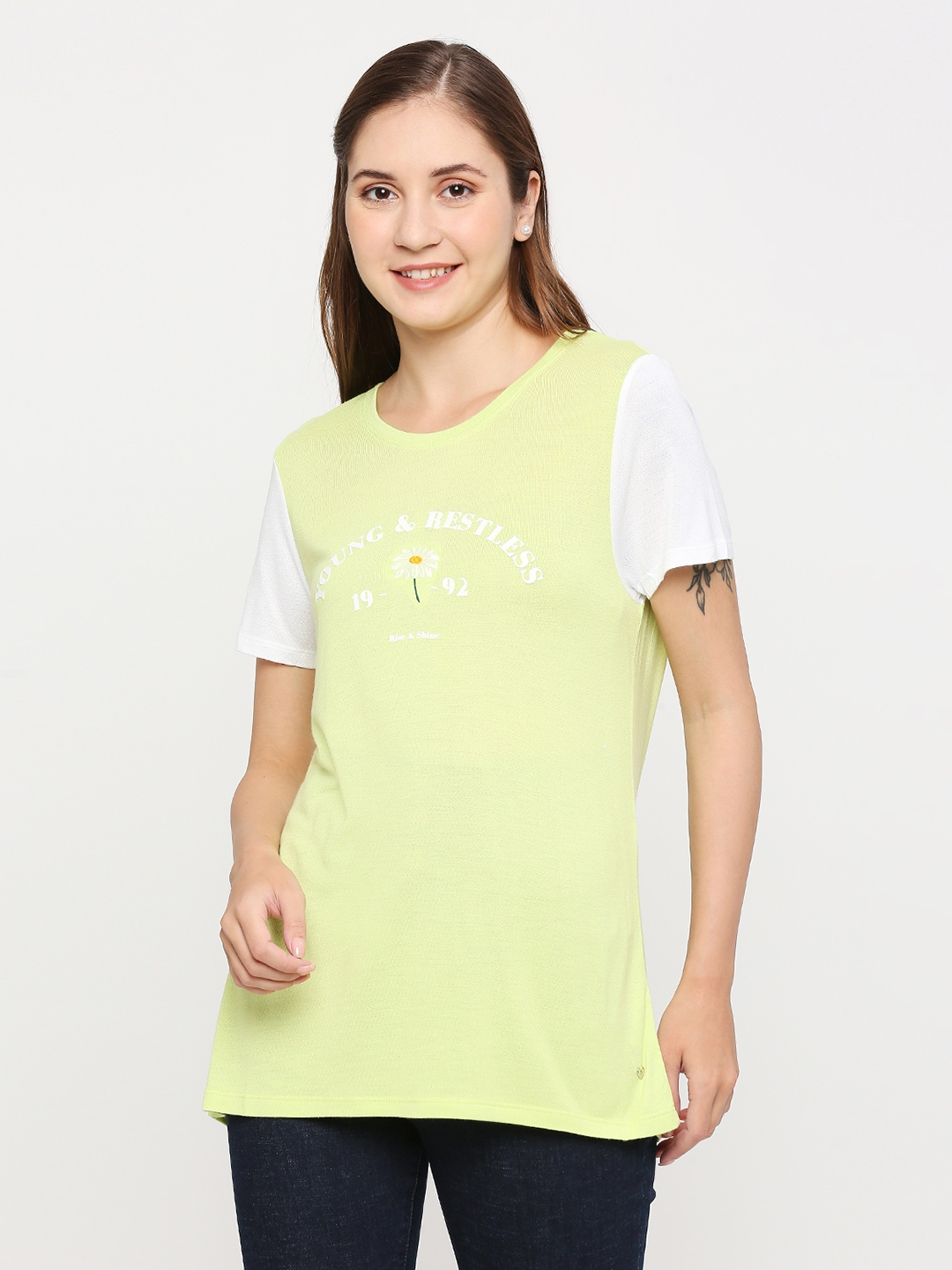 spykar | Spykar Women Pea Green Cotton Regular fit Round Neck Printed Tshirt 0