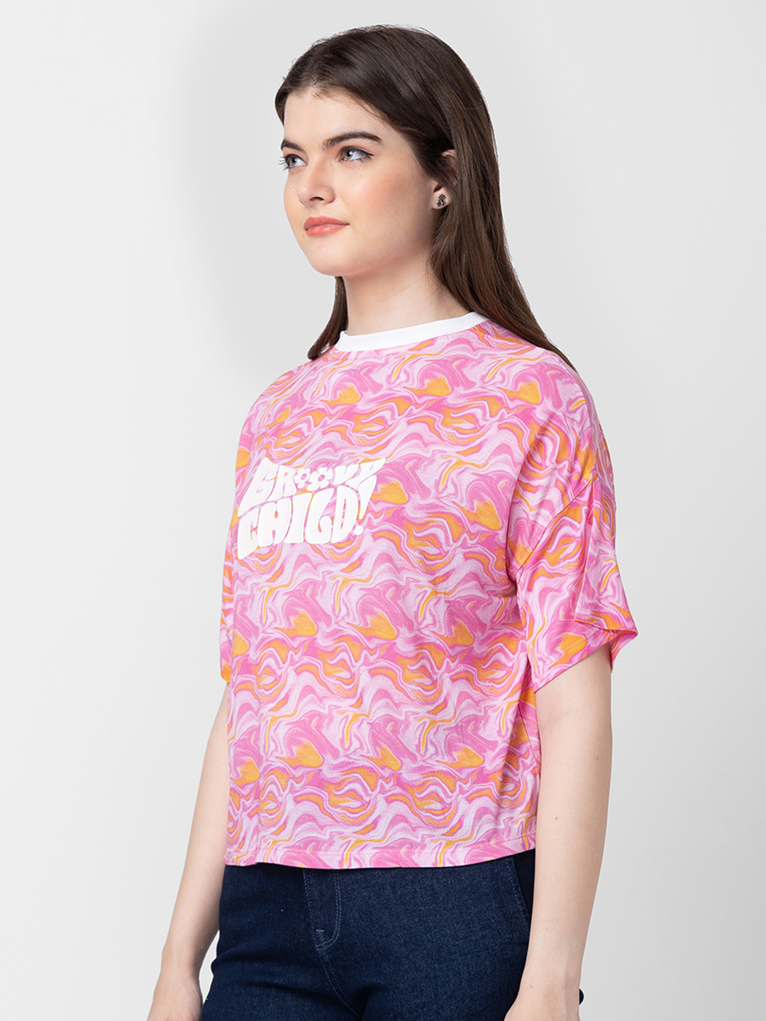 Spykar Women Fuschia Pink Cotton Regular Fit Printed T-Shirt