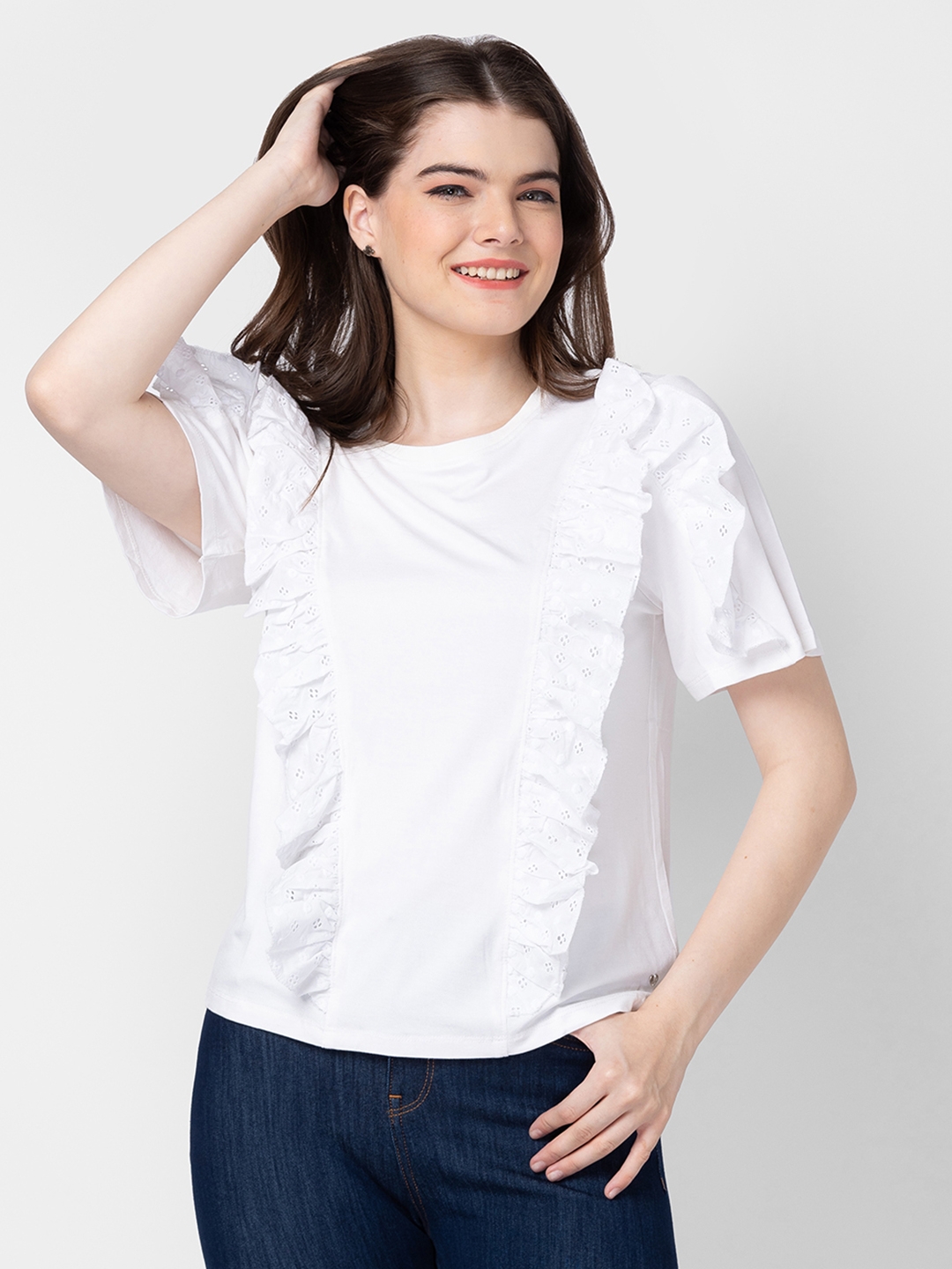 spykar | Spykar Women White Cotton Slim Fit Solid T-Shirt 0