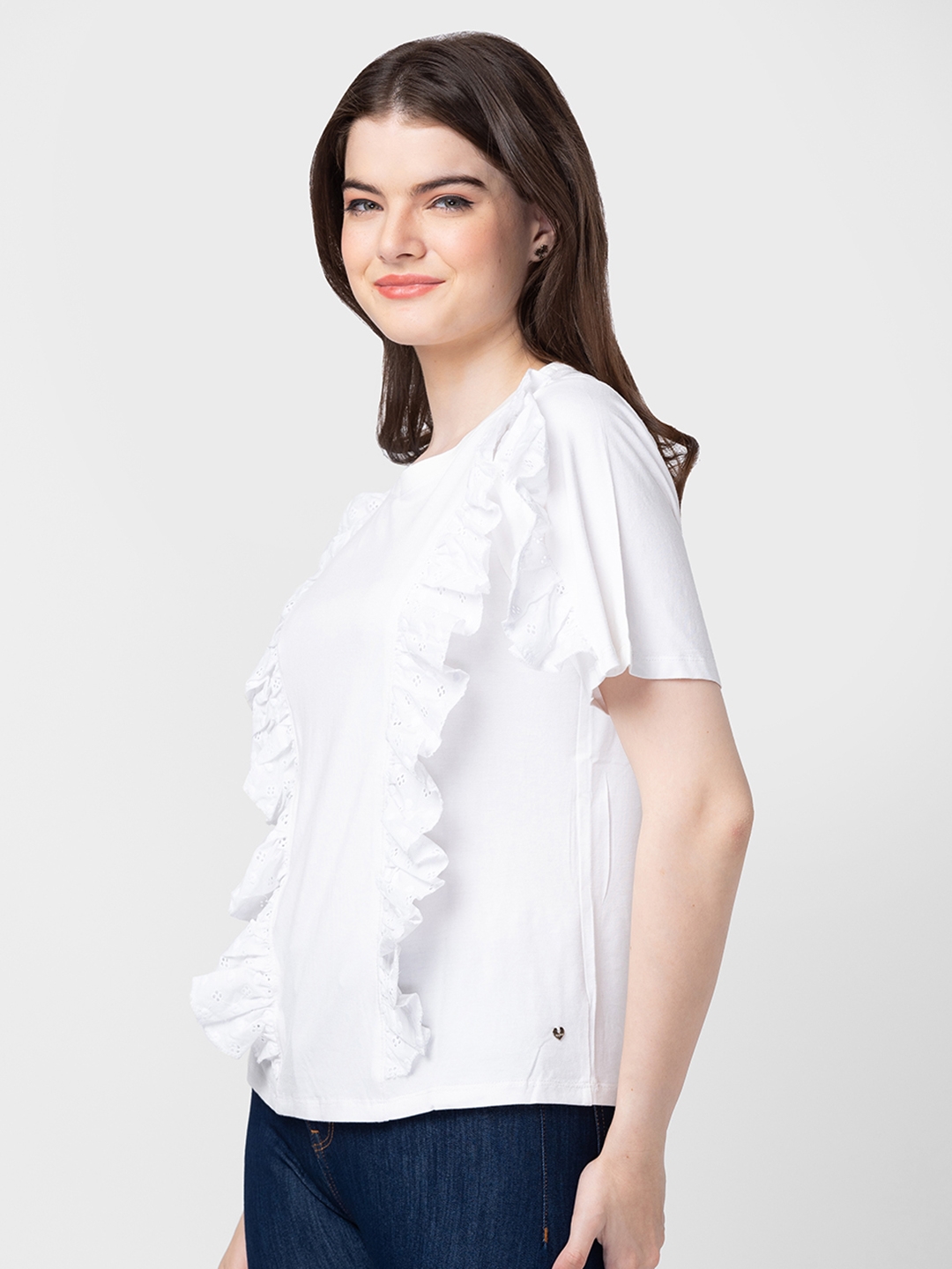 spykar | Spykar Women White Cotton Slim Fit Solid T-Shirt 3