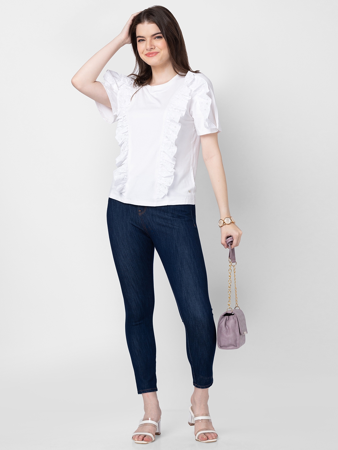 spykar | Spykar Women White Cotton Slim Fit Solid T-Shirt 5