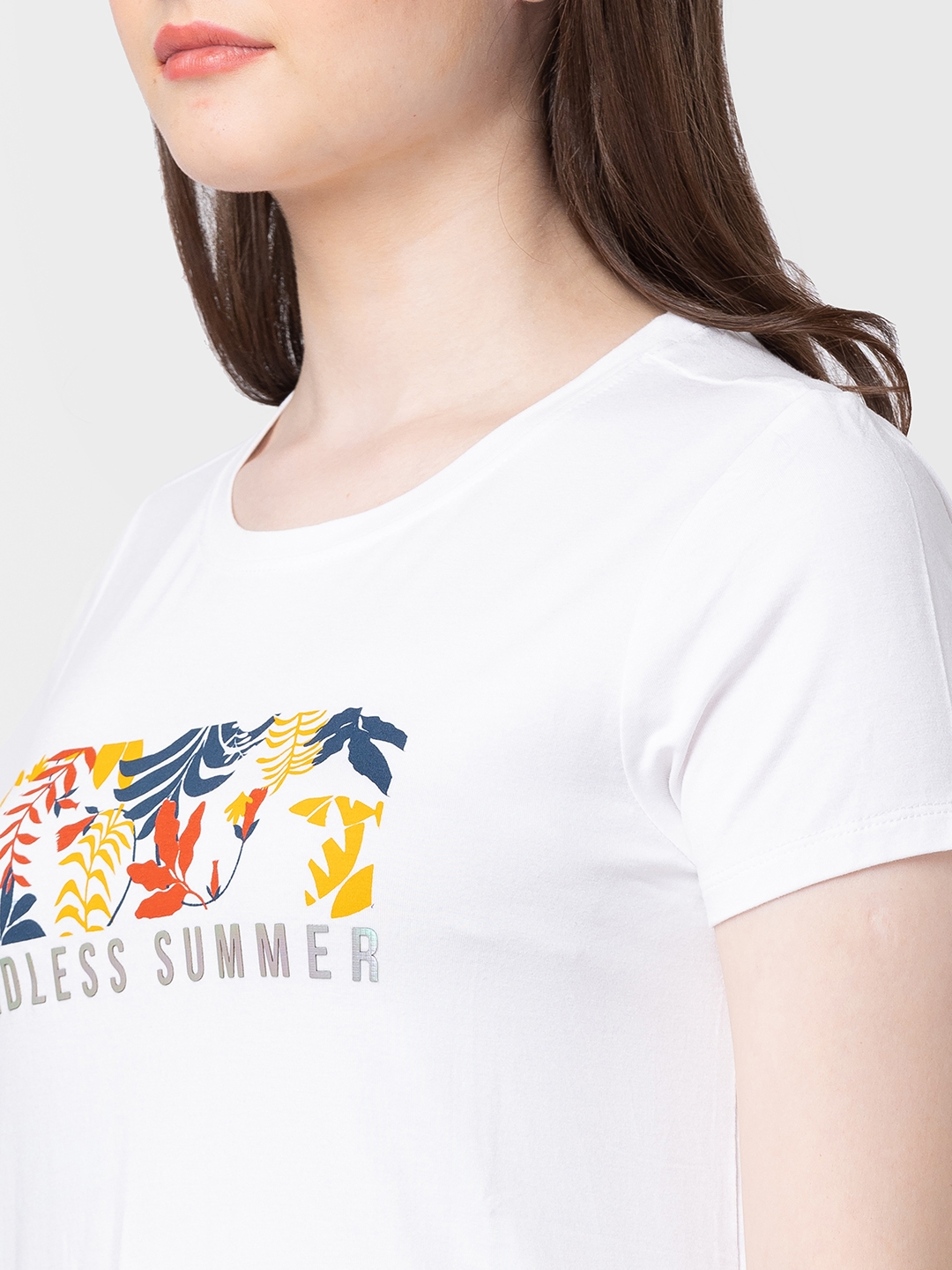 spykar | Spykar Women White Cotton Slim Fit Printed T-Shirt 4