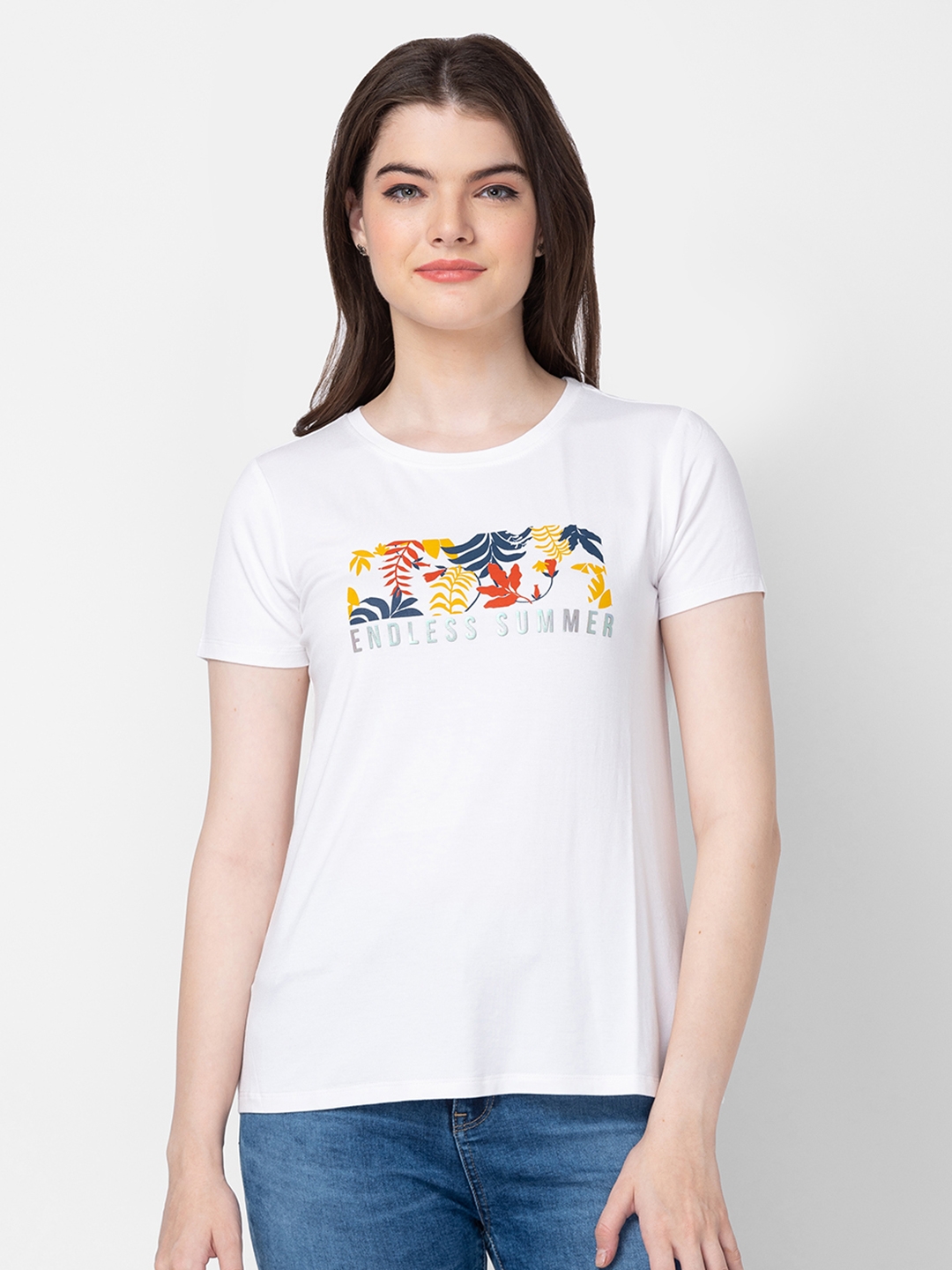 spykar | Spykar Women White Cotton Slim Fit Printed T-Shirt 0