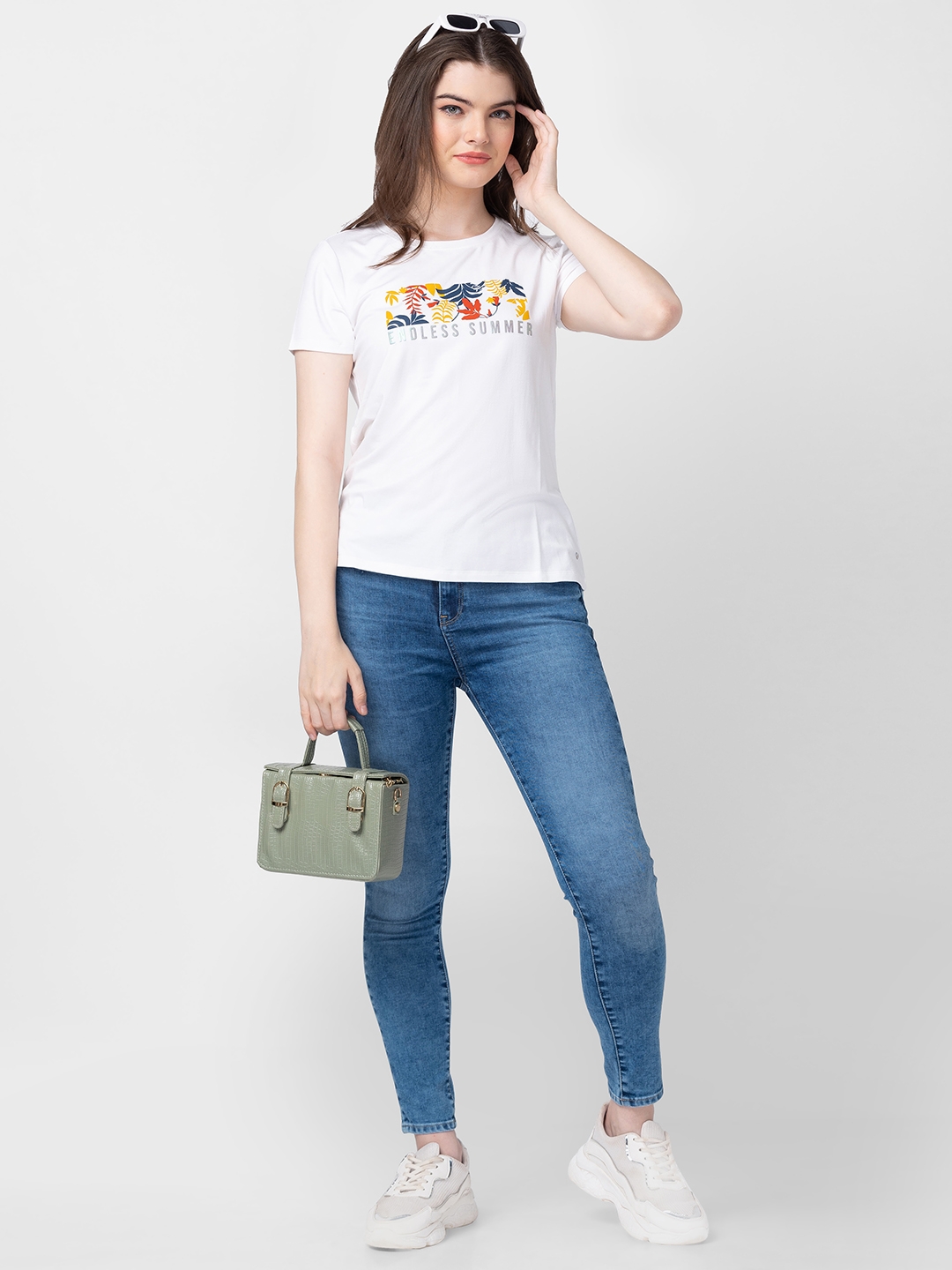 spykar | Spykar Women White Cotton Slim Fit Printed T-Shirt 5