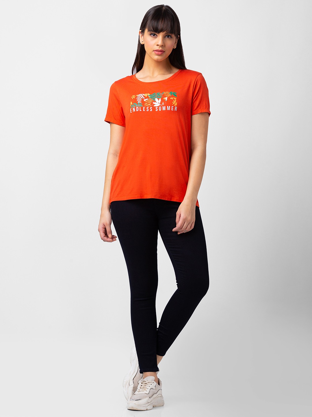 Spykar Women Burnt Red Blended Regular Fit Half Sleeve Printed Tshirt