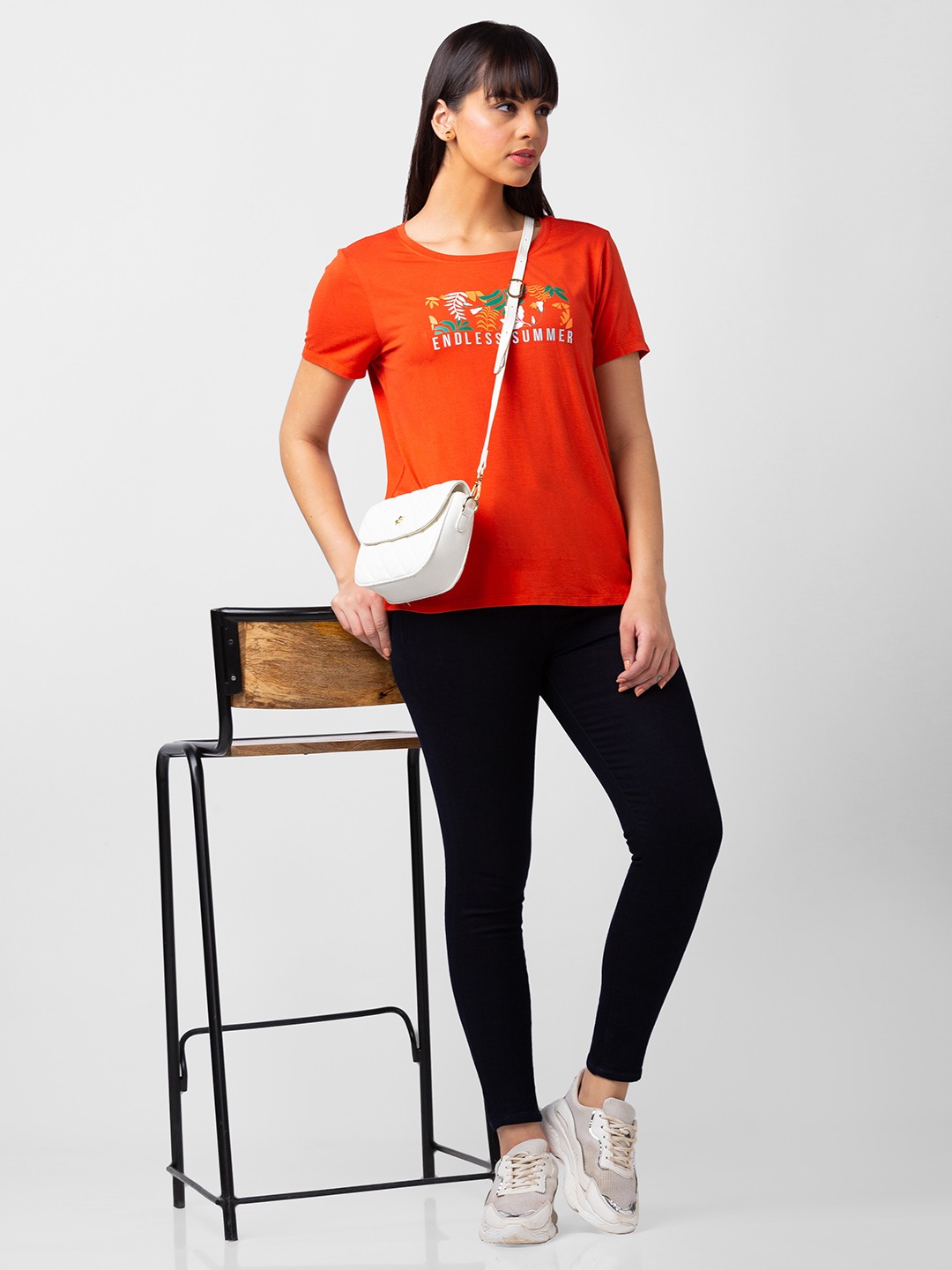 Spykar Women Burnt Red Blended Regular Fit Half Sleeve Printed Tshirt