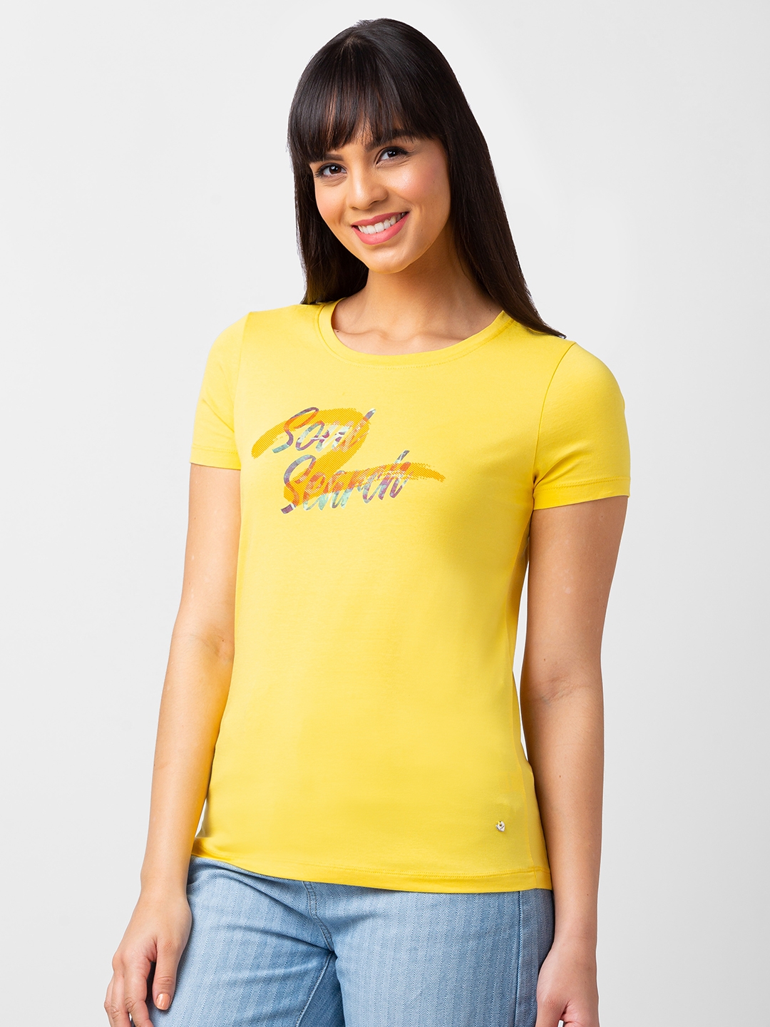 spykar | Spykar Women Lemon Yellow Blended Regular Fit Half Sleeve Printed Tshirt 3