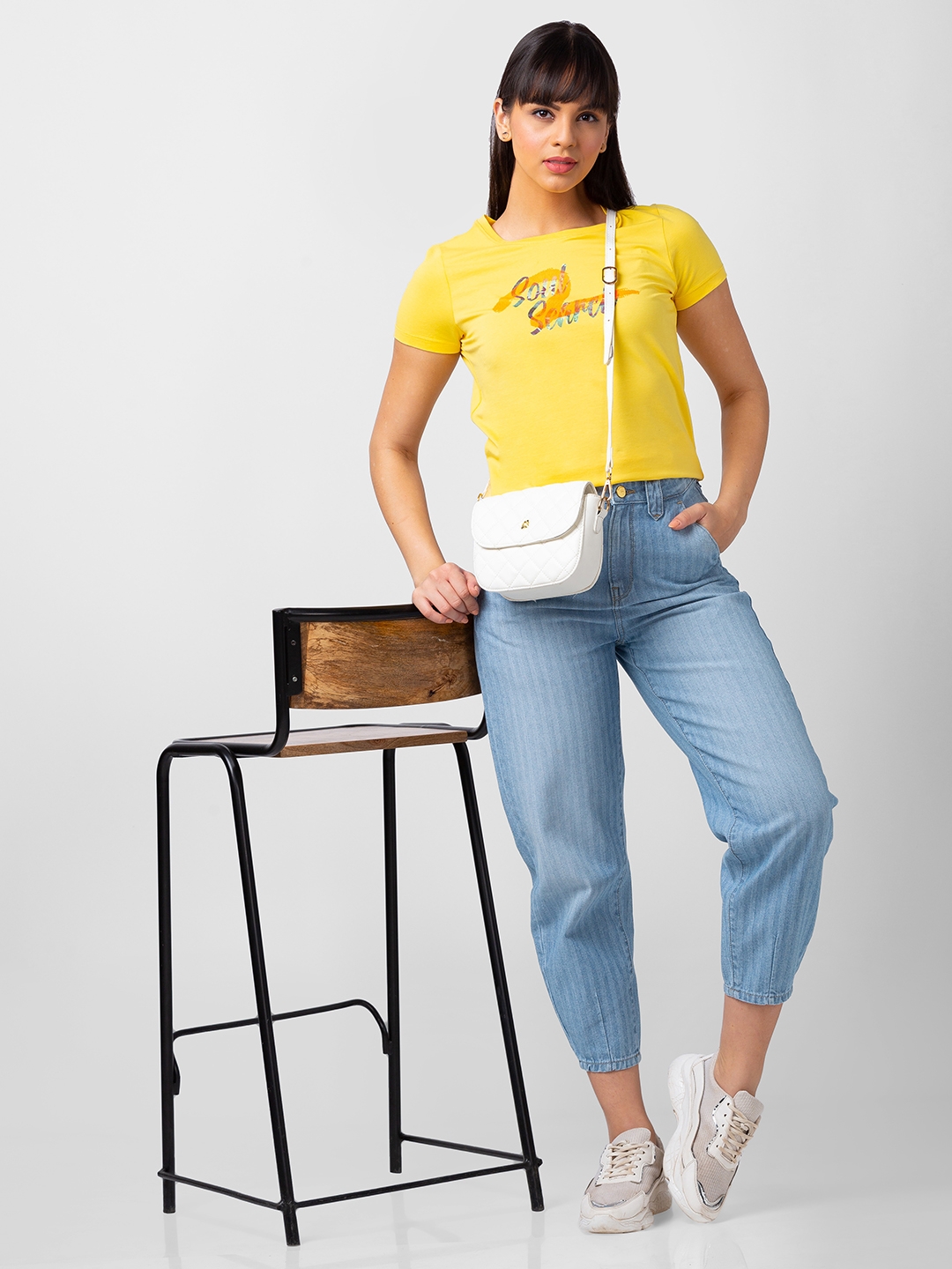 spykar | Spykar Women Lemon Yellow Blended Regular Fit Half Sleeve Printed Tshirt 5