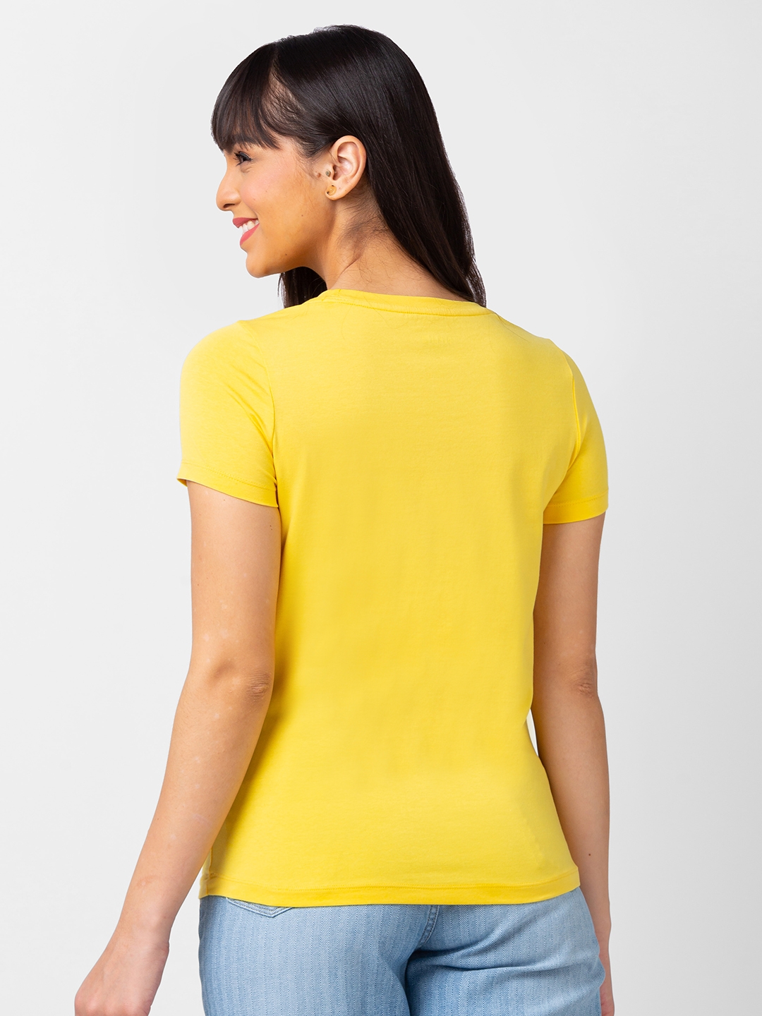 spykar | Spykar Women Lemon Yellow Blended Regular Fit Half Sleeve Printed Tshirt 2