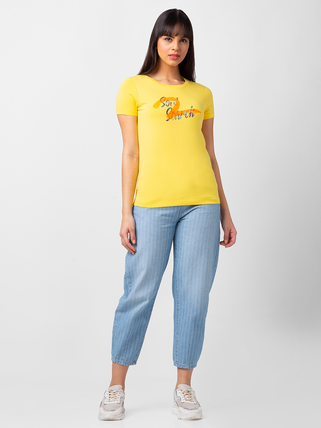 spykar | Spykar Women Lemon Yellow Blended Regular Fit Half Sleeve Printed Tshirt 1
