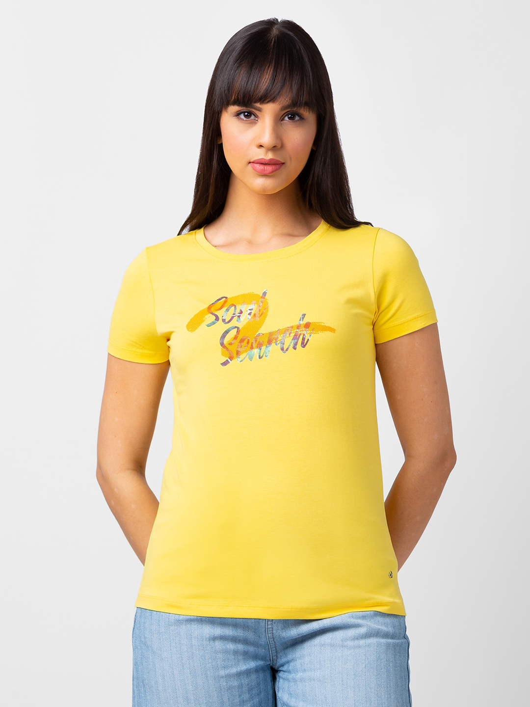 spykar | Spykar Women Lemon Yellow Blended Regular Fit Half Sleeve Printed Tshirt 0