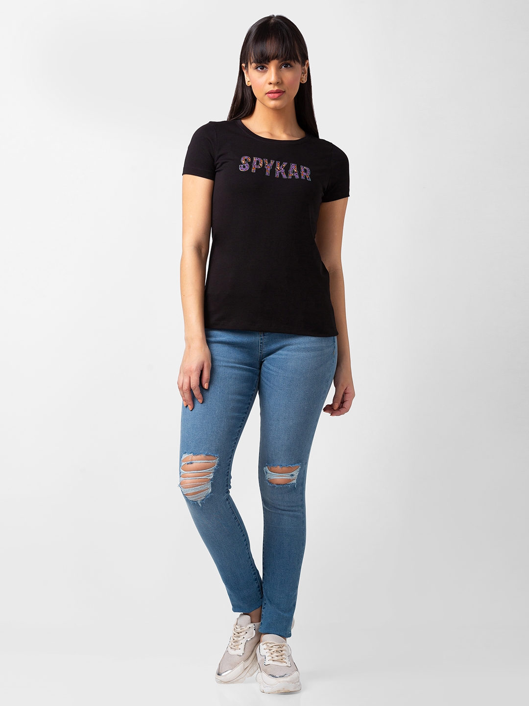 spykar | Spykar Women Black Blended Regular Fit Half Sleeve Printed Tshirt 1