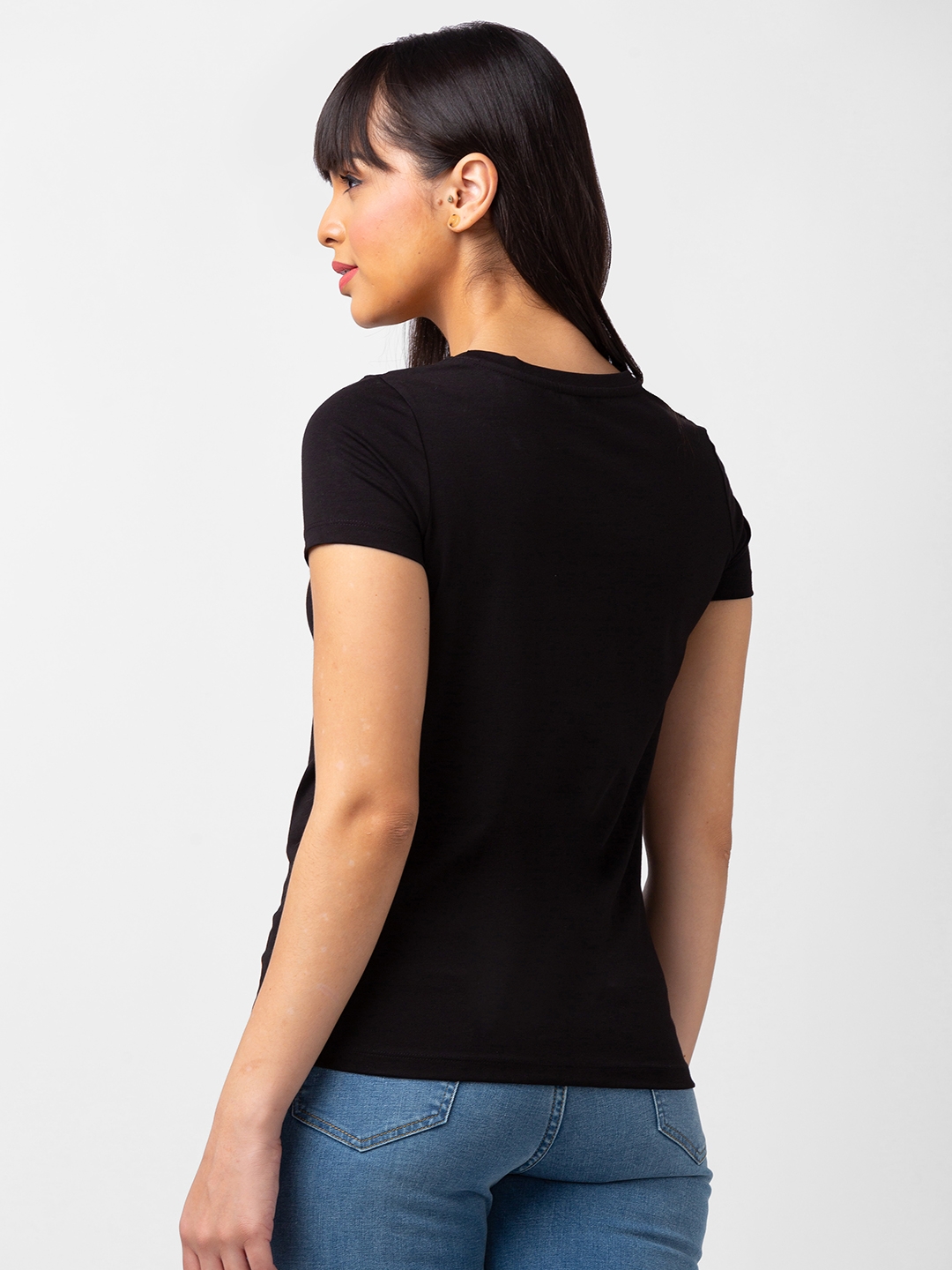 spykar | Spykar Women Black Blended Regular Fit Half Sleeve Printed Tshirt 2