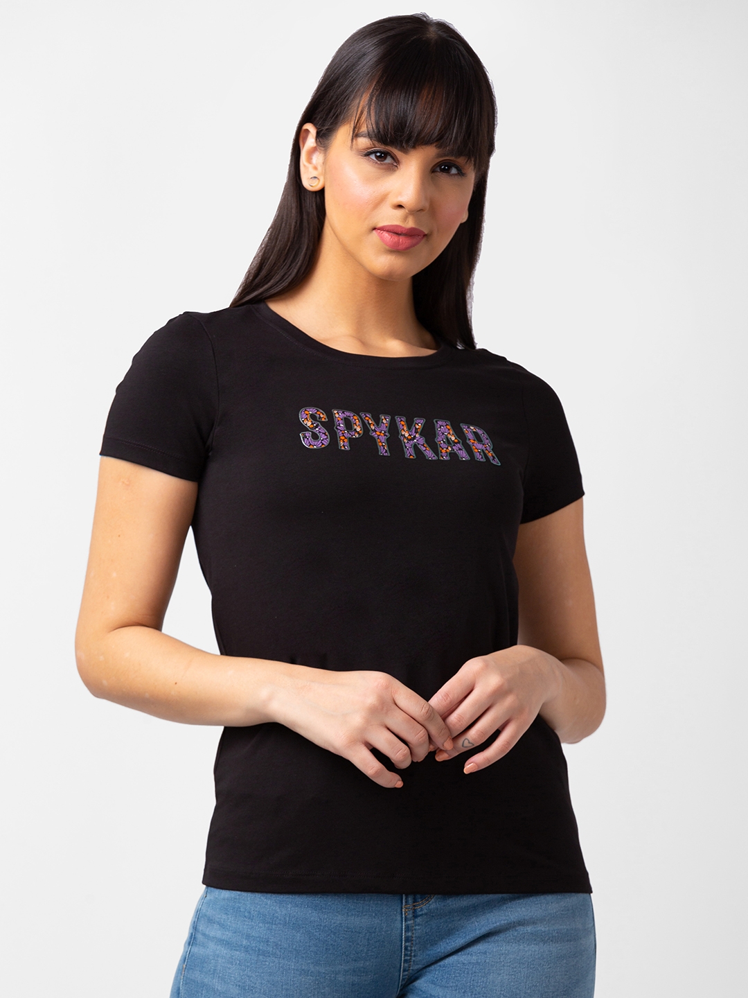 spykar | Spykar Women Black Blended Regular Fit Half Sleeve Printed Tshirt 0
