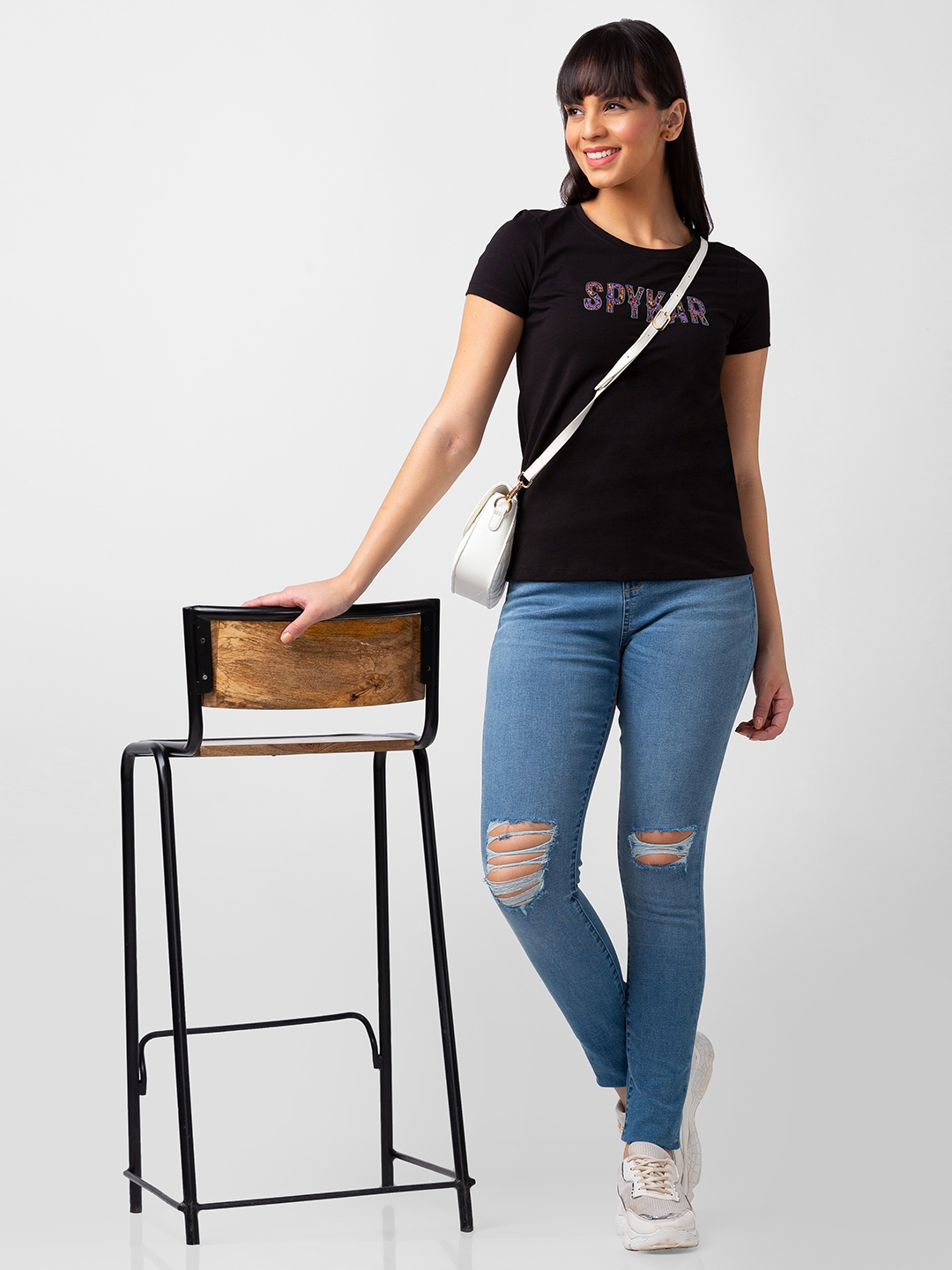 spykar | Spykar Women Black Blended Regular Fit Half Sleeve Printed Tshirt 5