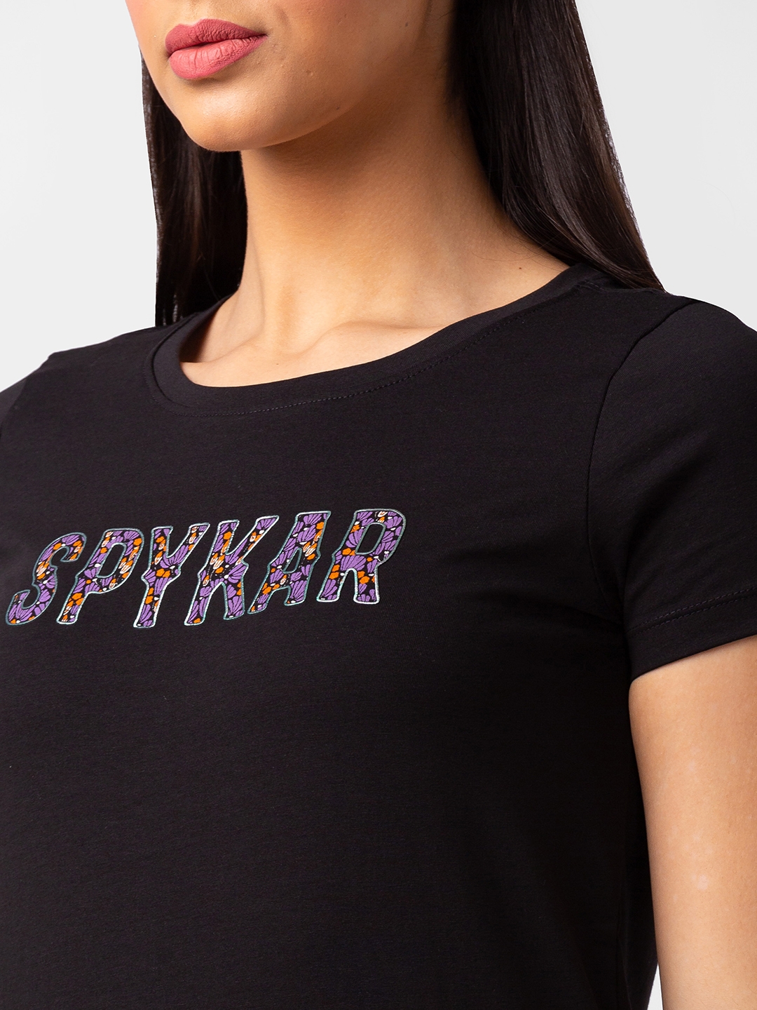 spykar | Spykar Women Black Blended Regular Fit Half Sleeve Printed Tshirt 4