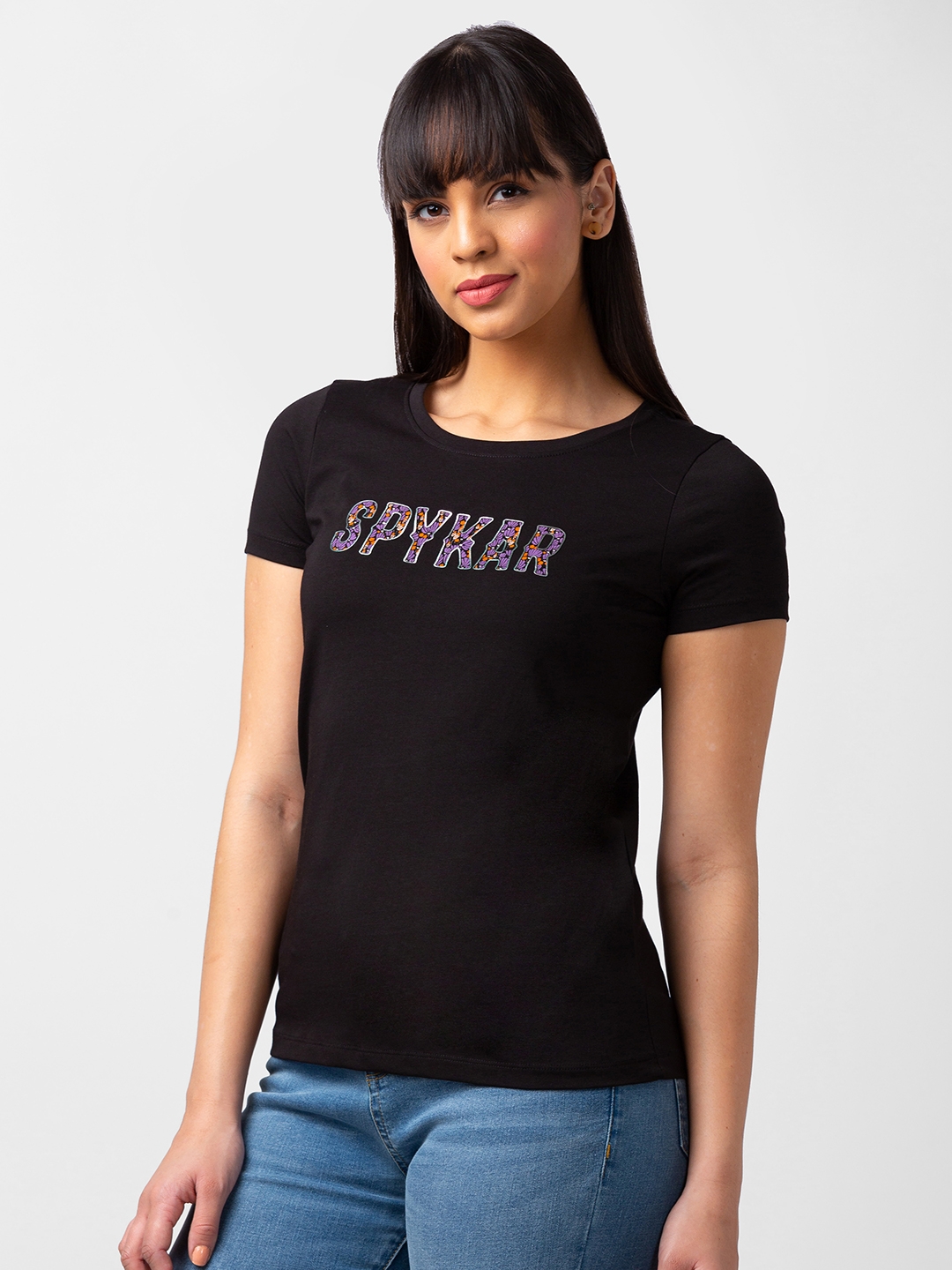 spykar | Spykar Women Black Blended Regular Fit Half Sleeve Printed Tshirt 3