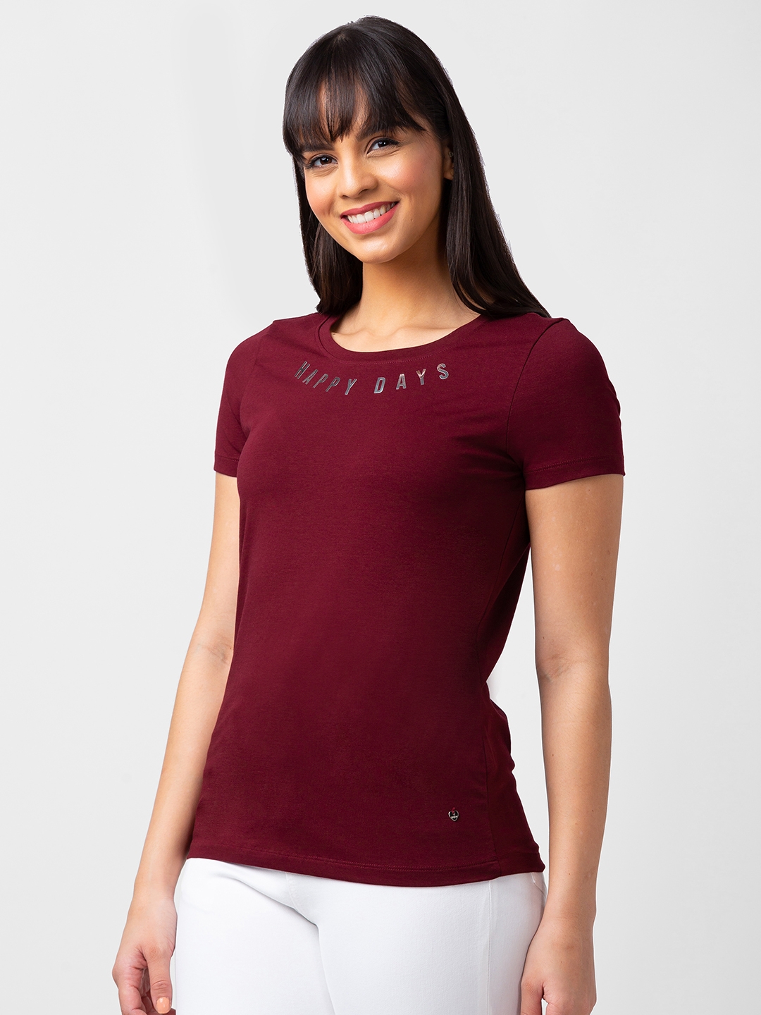Spykar | Spykar Women Wine Blended Slim Fit Half Sleeve T-shirt 3