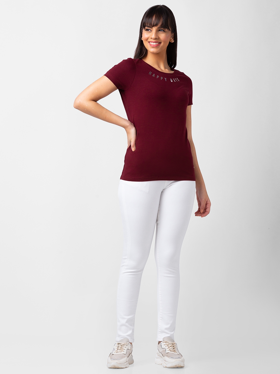 Spykar | Spykar Women Wine Blended Slim Fit Half Sleeve T-shirt 1