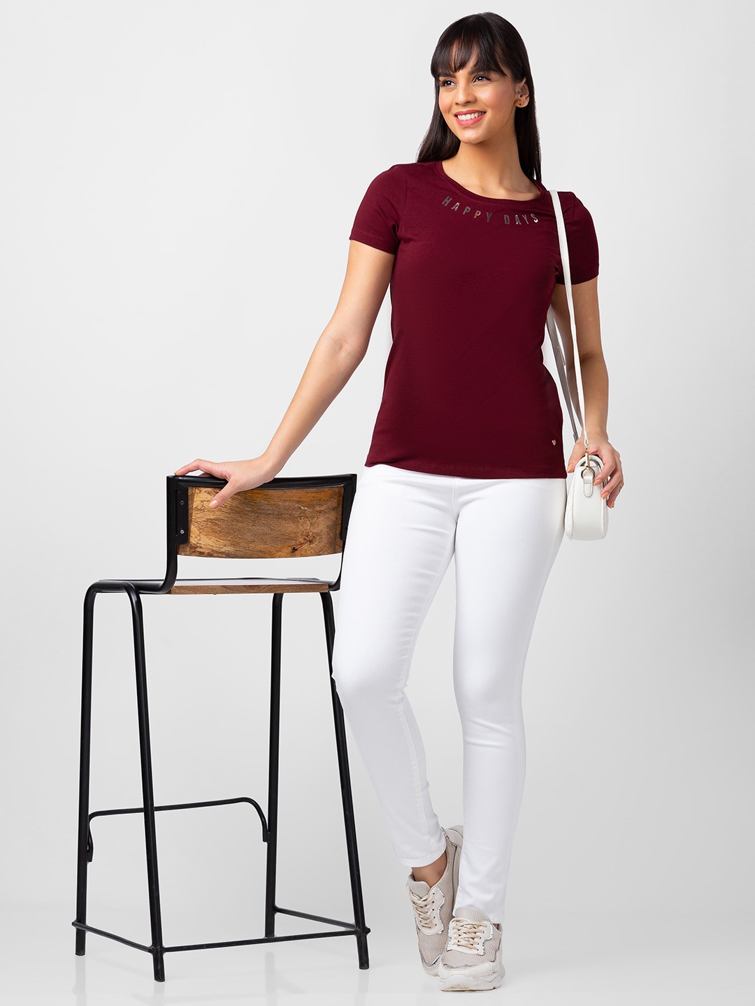 Spykar | Spykar Women Wine Blended Slim Fit Half Sleeve T-shirt 5