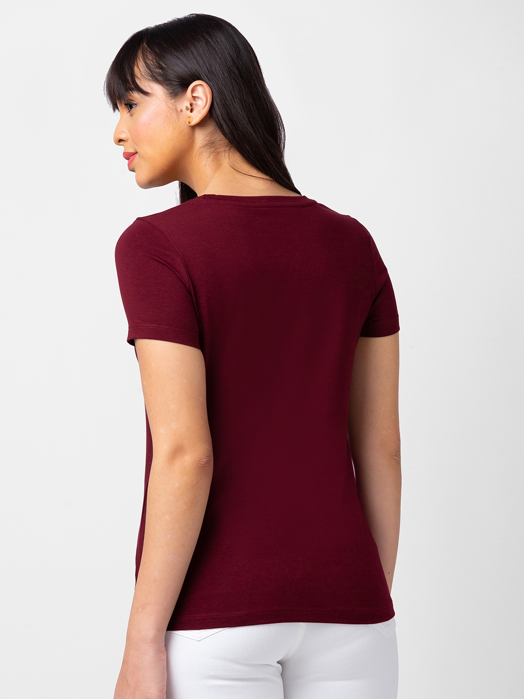Spykar | Spykar Women Wine Blended Slim Fit Half Sleeve T-shirt 2