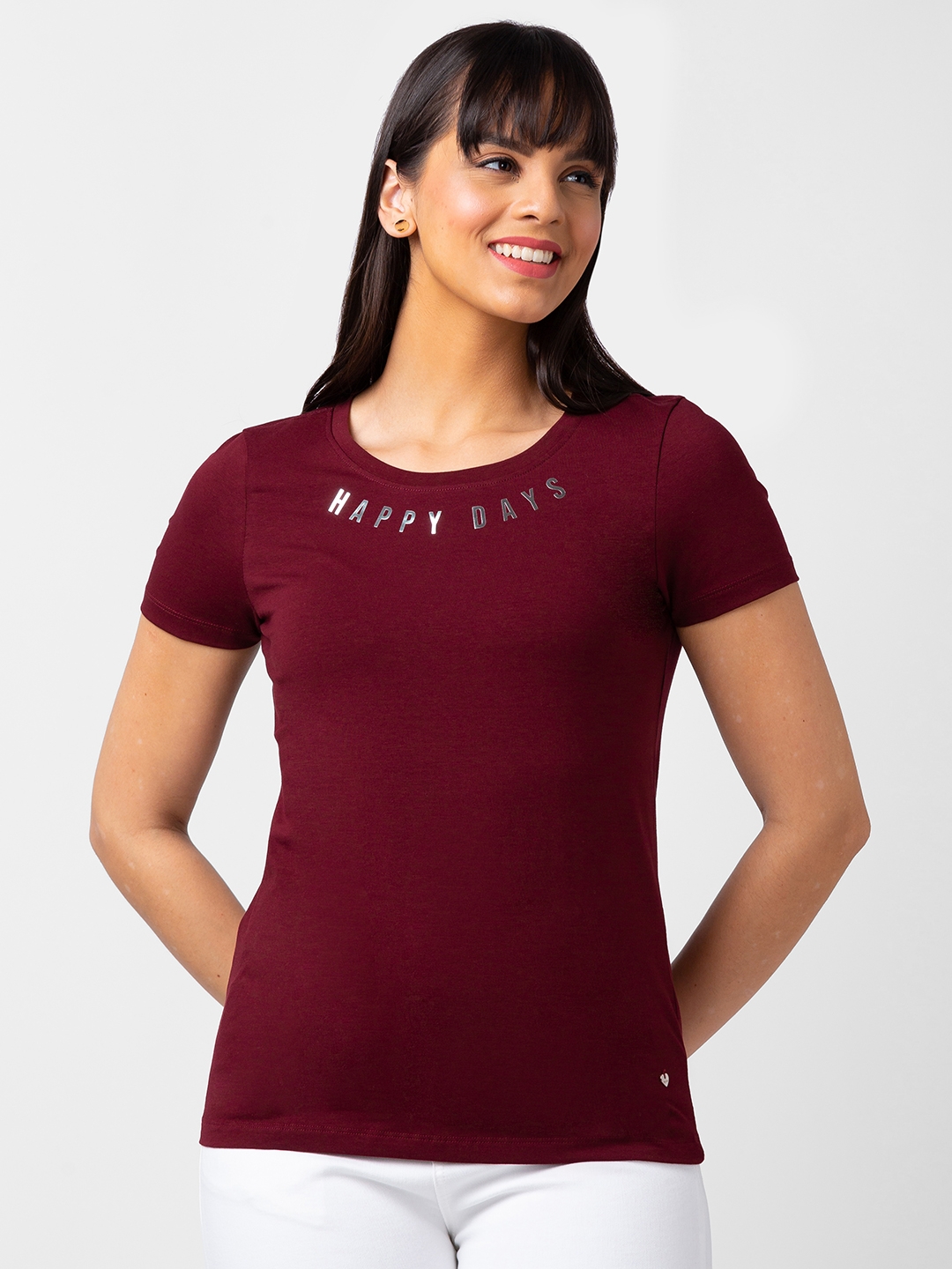 Spykar | Spykar Women Wine Blended Slim Fit Half Sleeve T-shirt 0
