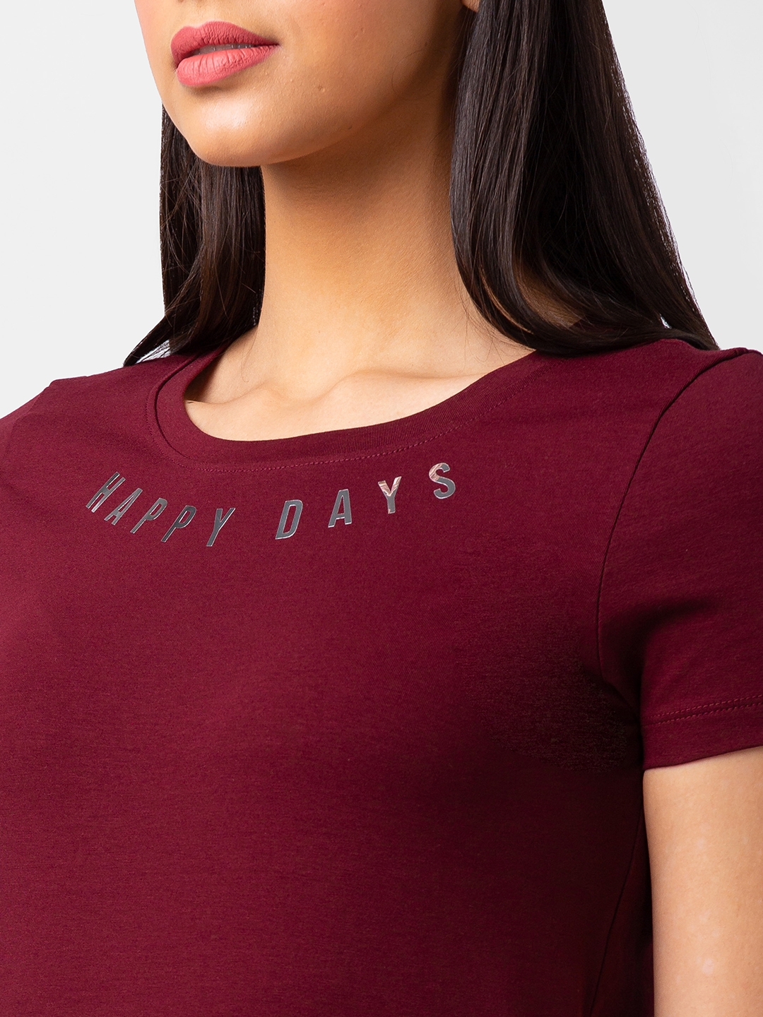 Spykar | Spykar Women Wine Blended Slim Fit Half Sleeve T-shirt 4