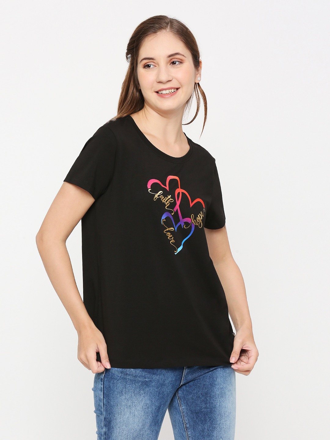 Spykar Women Black Cotton Regular fit Round Neck Printed Tshirt