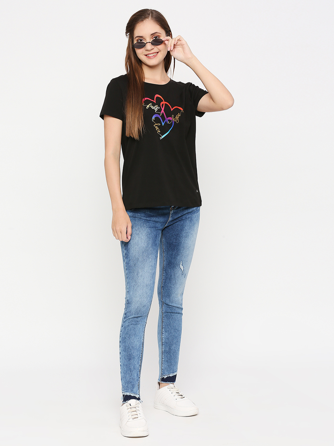 Spykar Women Black Cotton Regular fit Round Neck Printed Tshirt