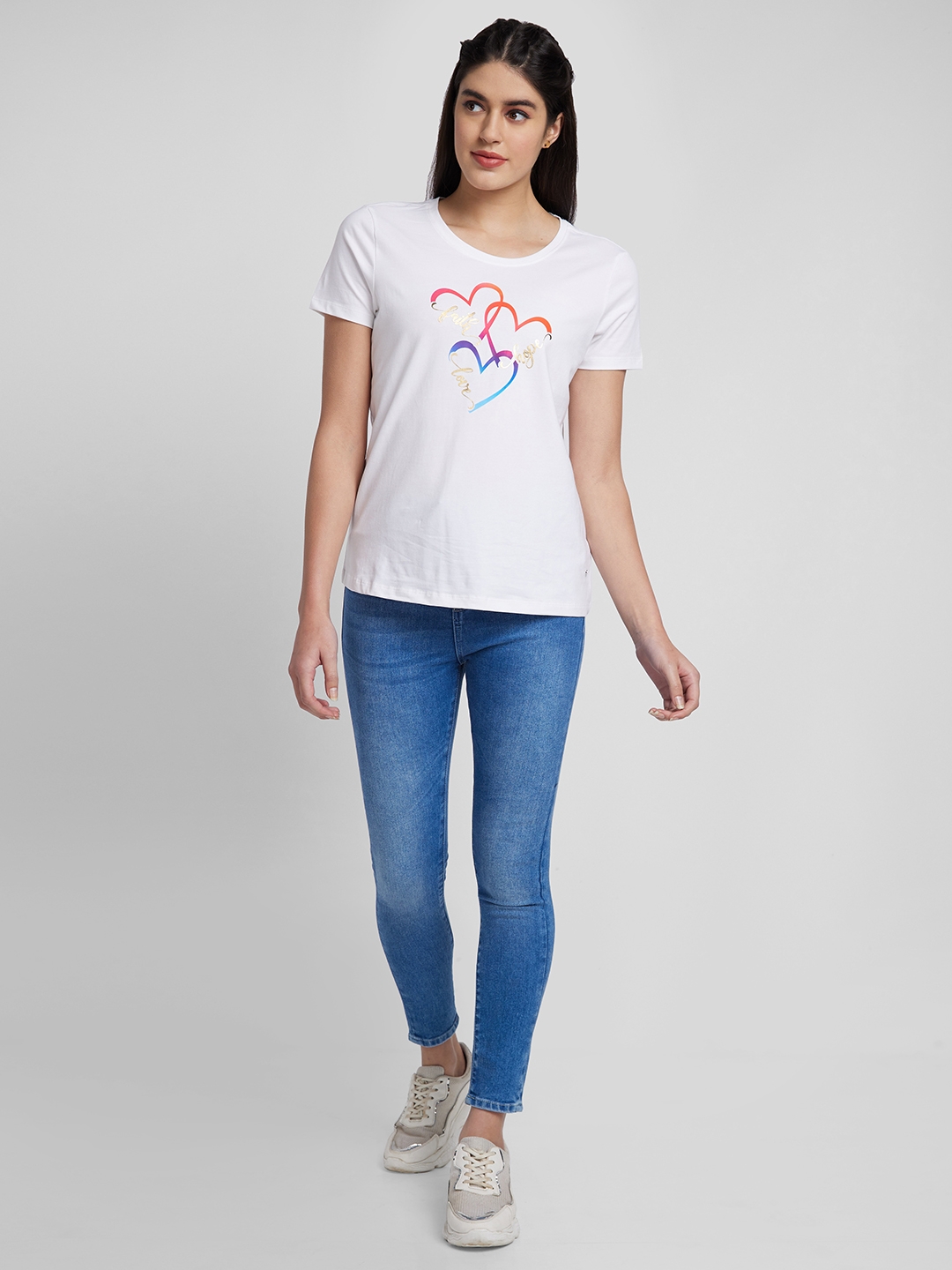 spykar | Spykar Women White Blended Regular Fit Printed Round Neck Tshirt 1