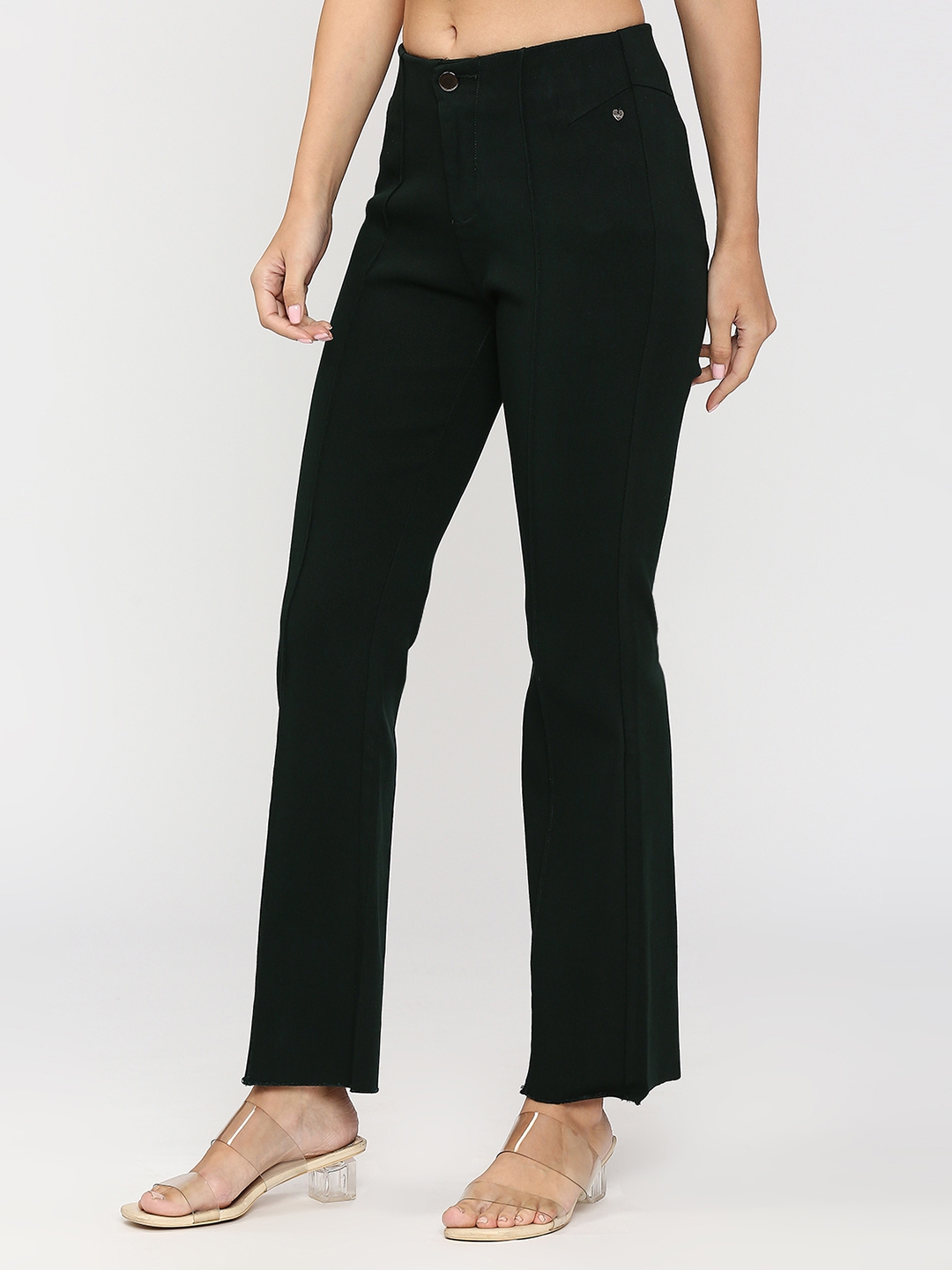 spykar | Spykar Women Dark Green Regular Fit Ankle Length Mid Rise Trousers 1