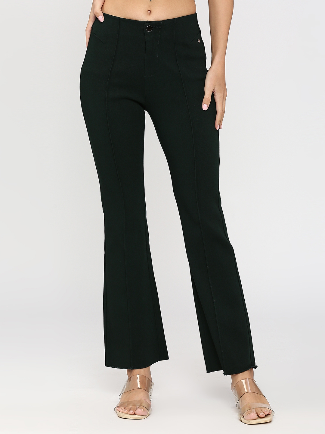 spykar | Spykar Women Dark Green Regular Fit Ankle Length Mid Rise Trousers 0